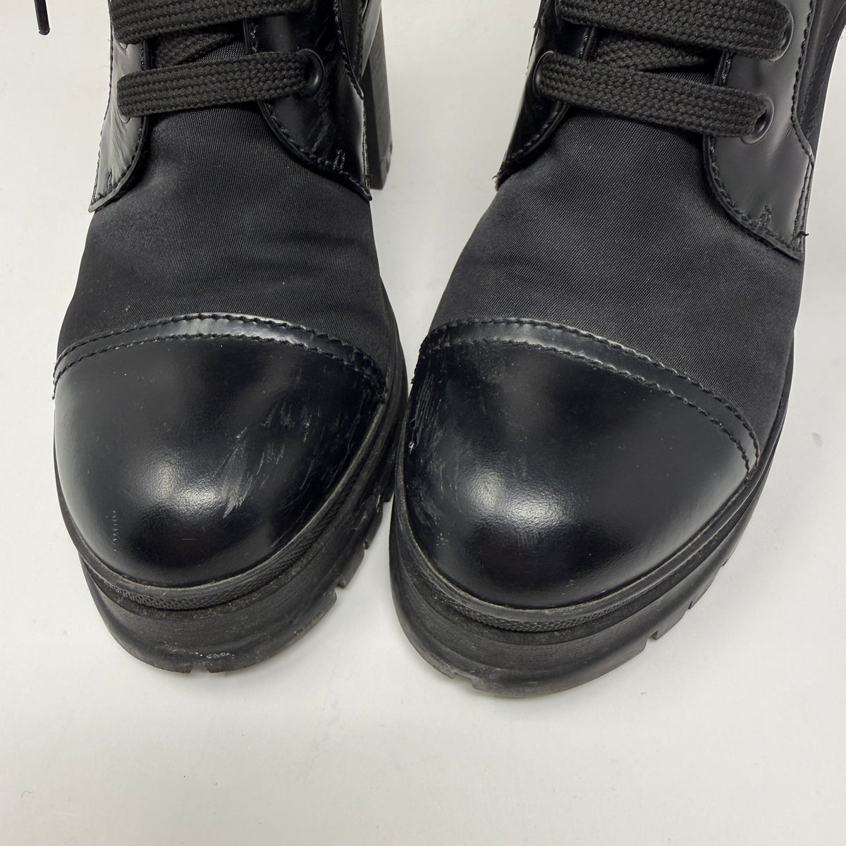 Prada Women's Re-Nylon And Leather Block Heel Ankle Combat Booties Boots Shoes