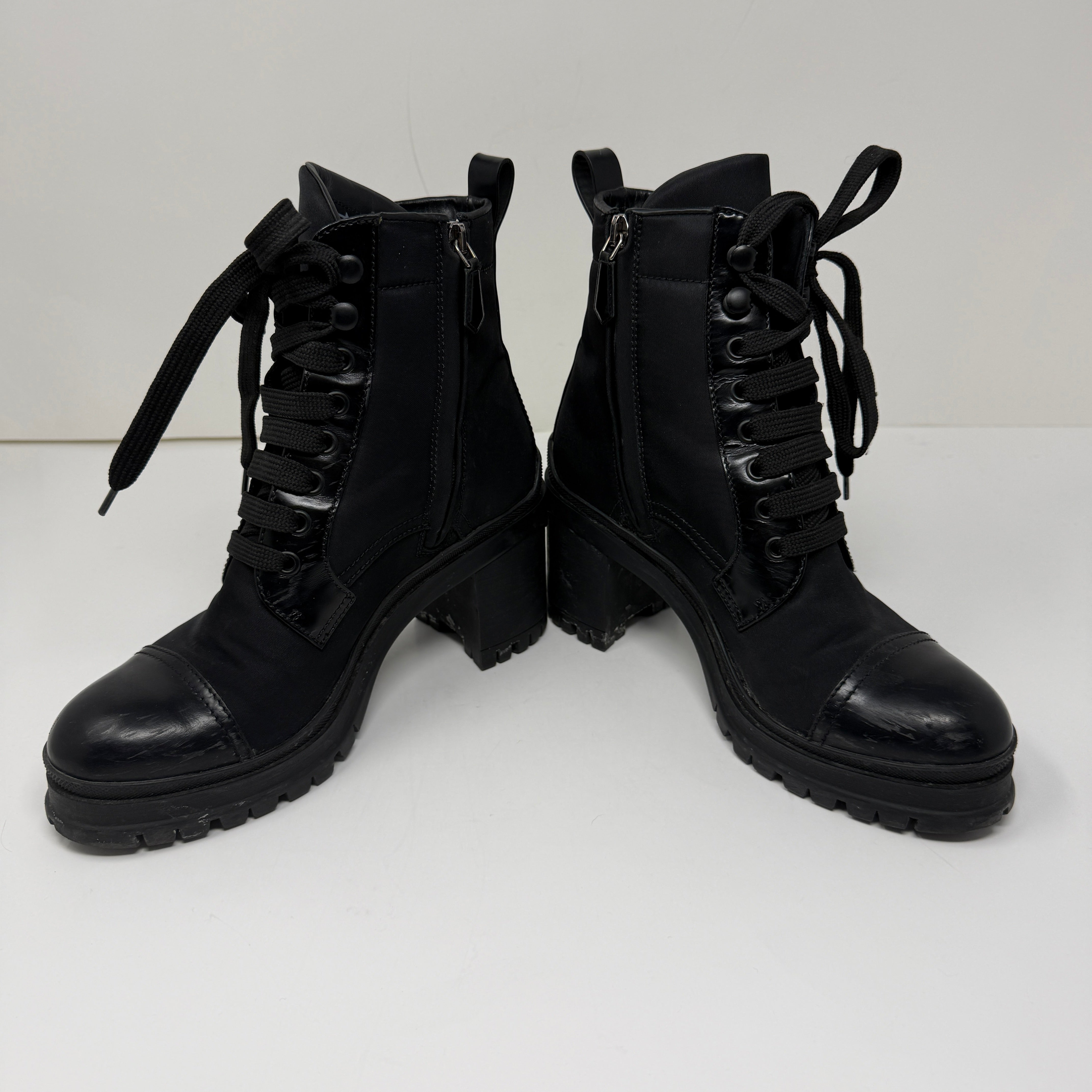 Prada Women's Re-Nylon And Leather Block Heel Ankle Combat Booties Boots Shoes
