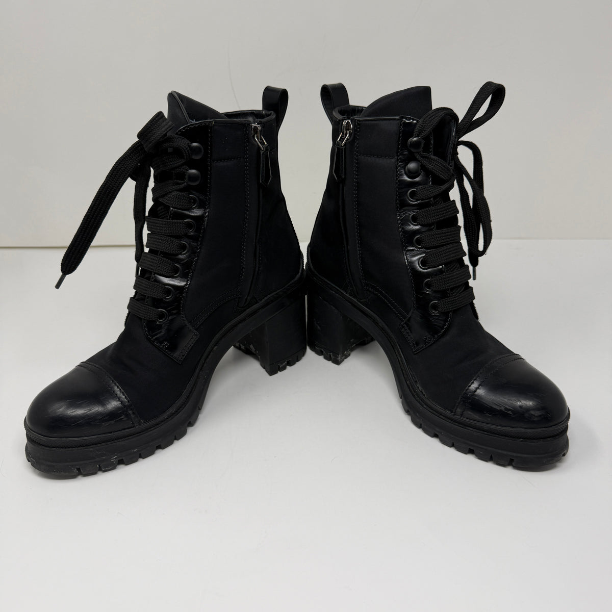 Prada Women's Re-Nylon And Leather Block Heel Ankle Combat Booties Boots Shoes