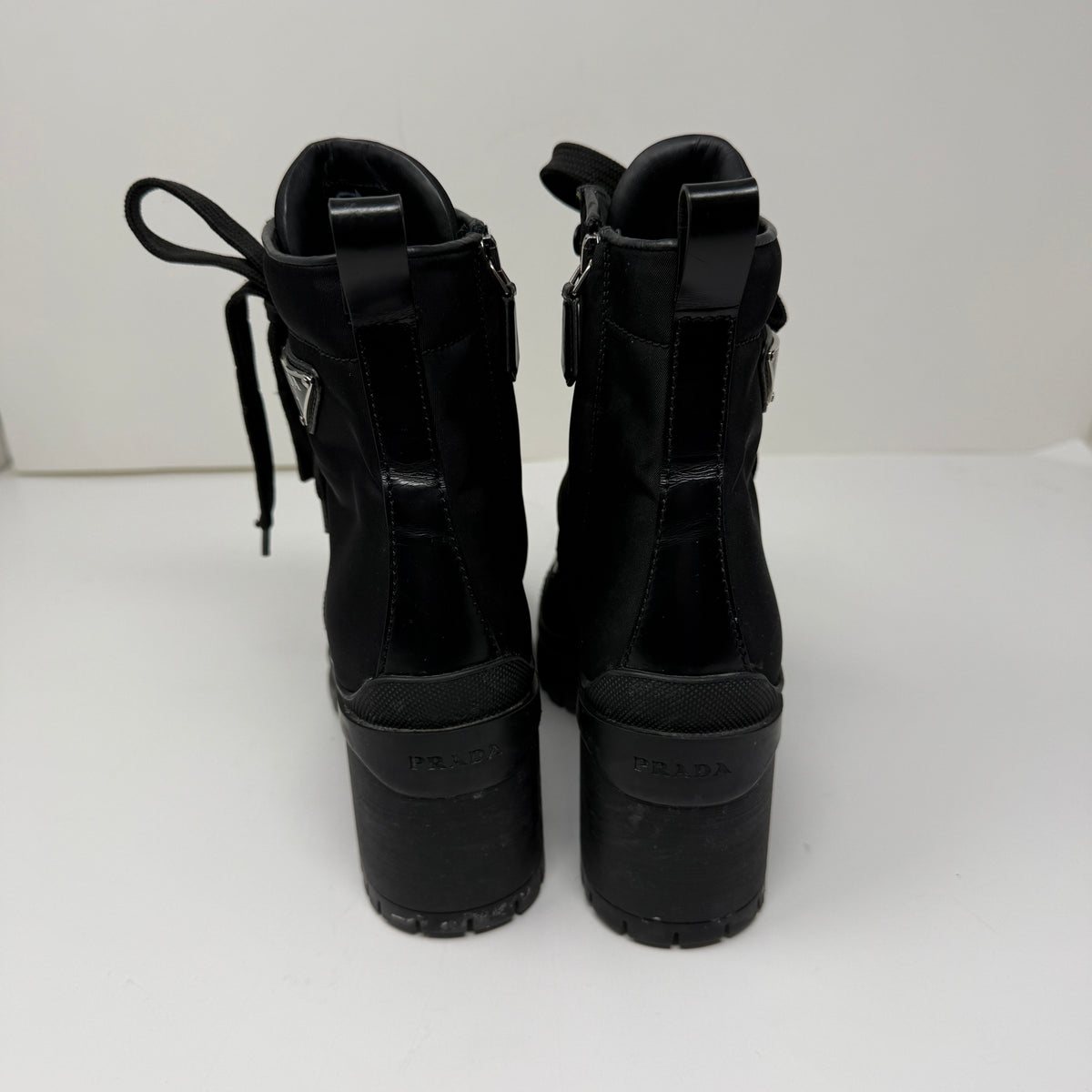 Prada Women's Re-Nylon And Leather Block Heel Ankle Combat Booties Boots Shoes