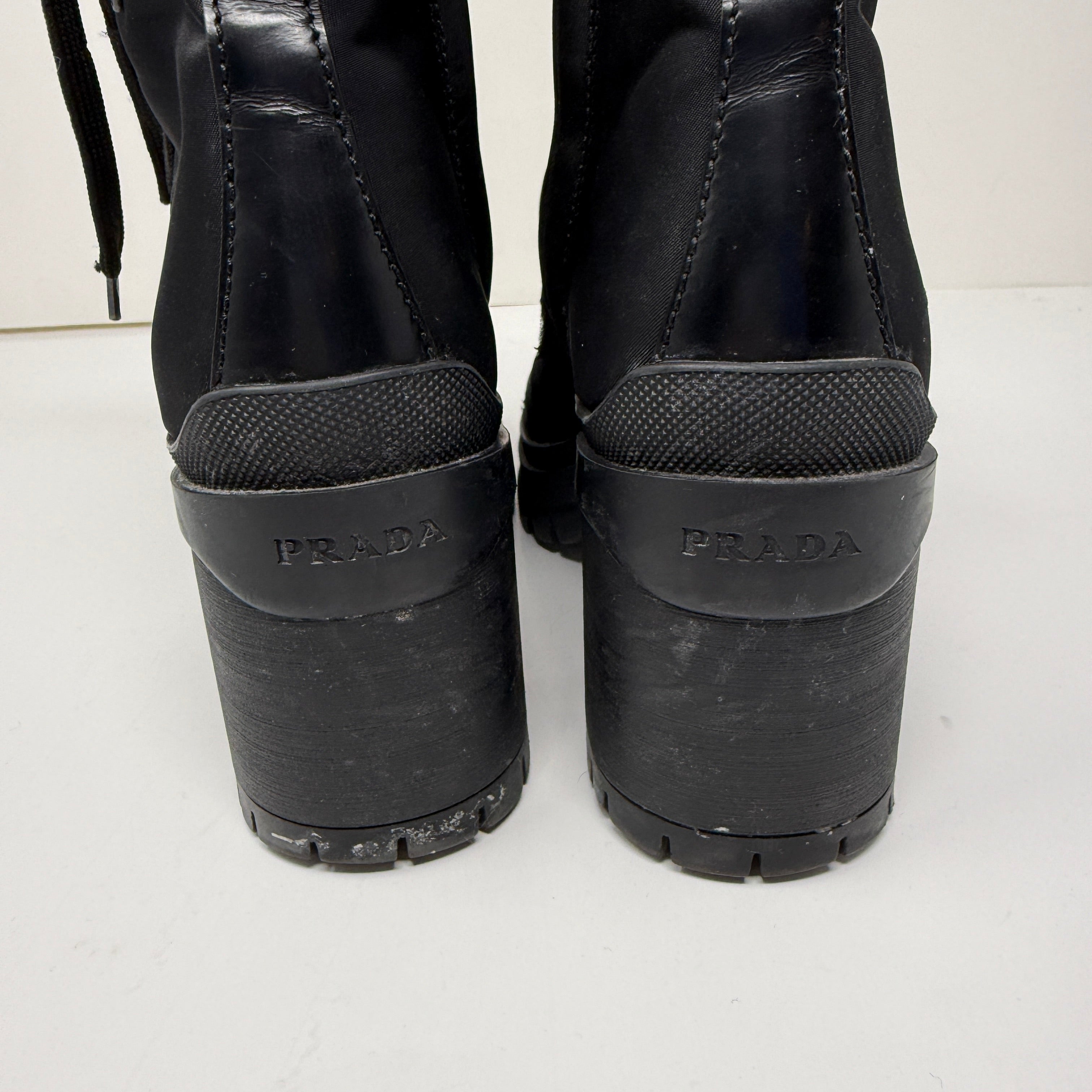 Prada Women's Re-Nylon And Leather Block Heel Ankle Combat Booties Boots Shoes
