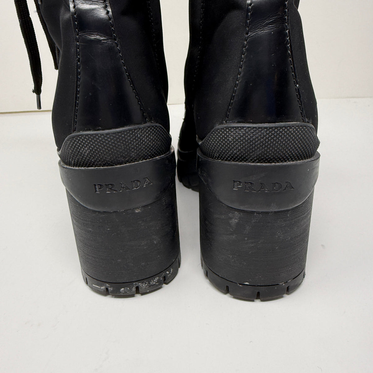 Prada Women's Re-Nylon And Leather Block Heel Ankle Combat Booties Boots Shoes
