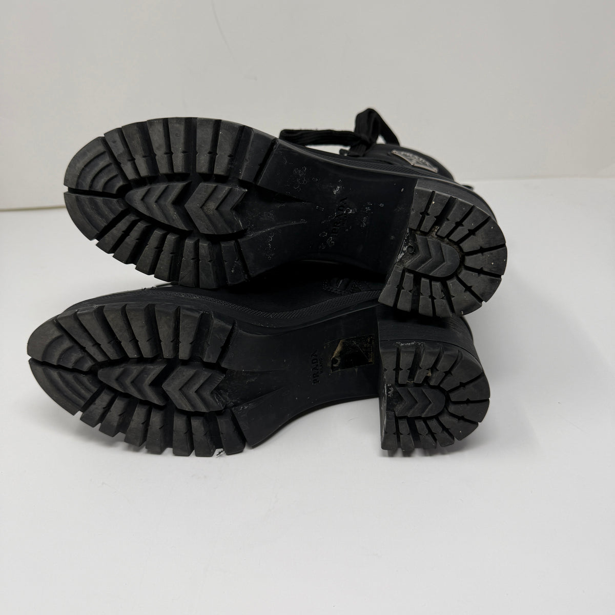 Prada Women's Re-Nylon And Leather Block Heel Ankle Combat Booties Boots Shoes