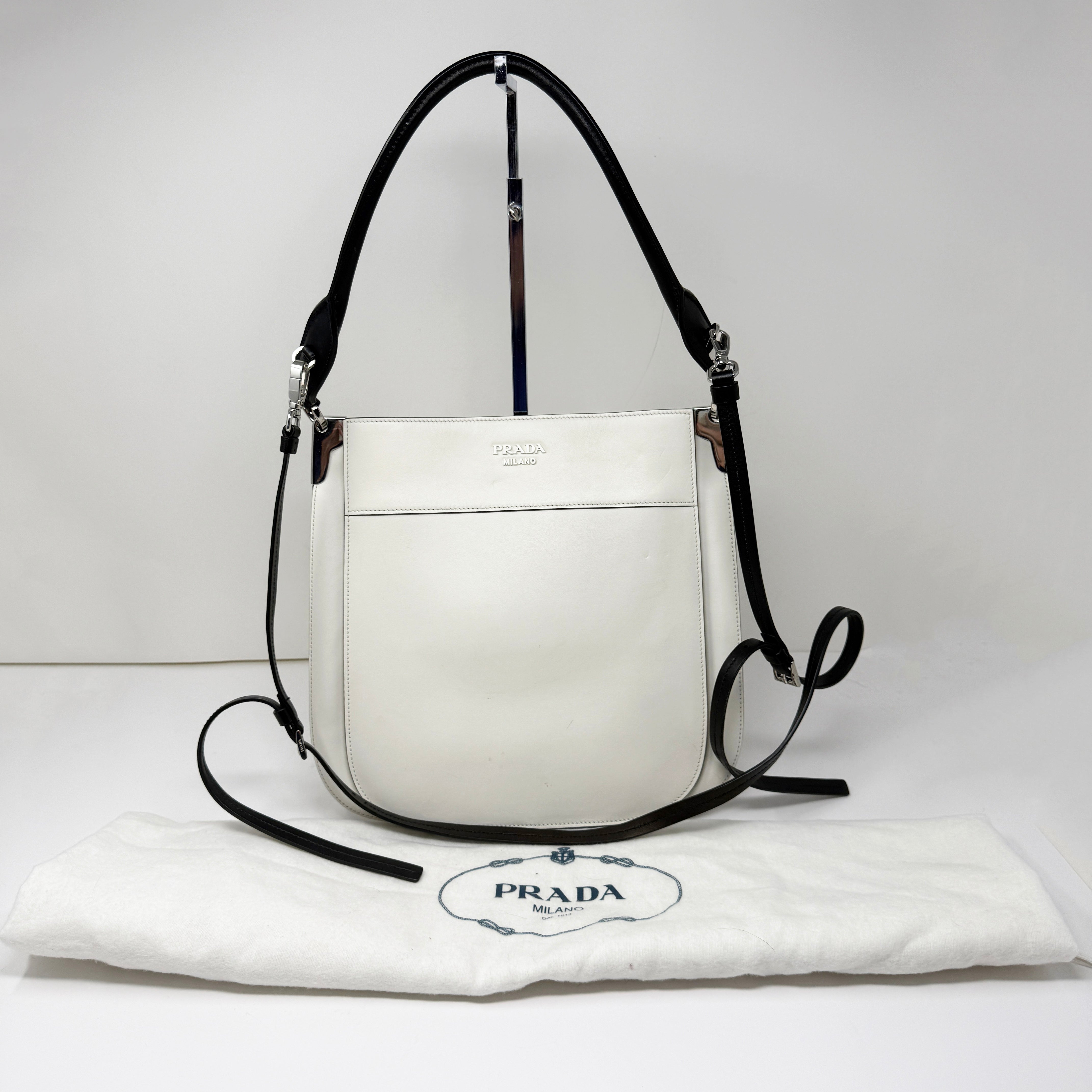 Prada Margit Genuine Leather Convertible Crossbody Shoulder Hobo Purse Bag White