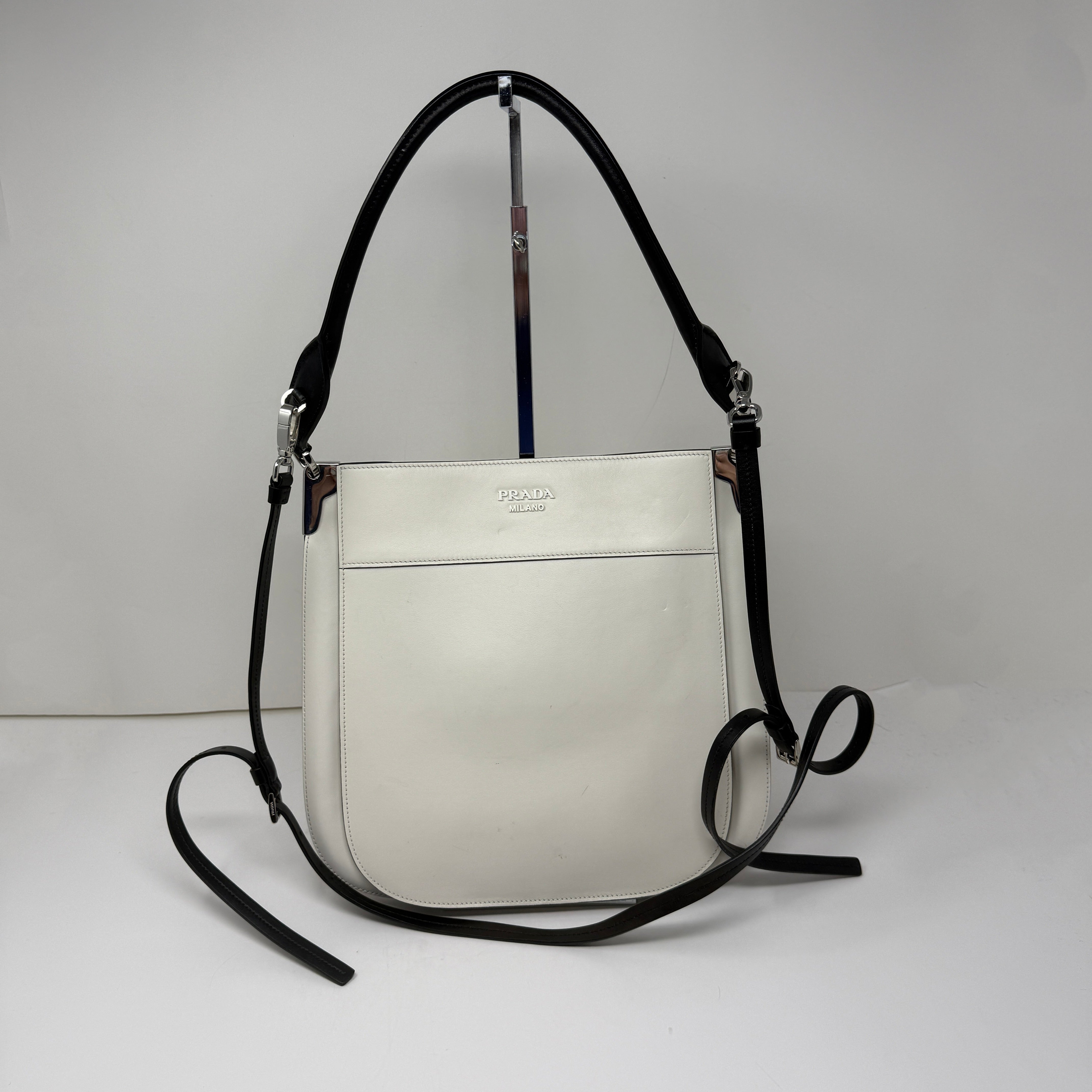 Prada Margit Genuine Leather Convertible Crossbody Shoulder Hobo Purse Bag White
