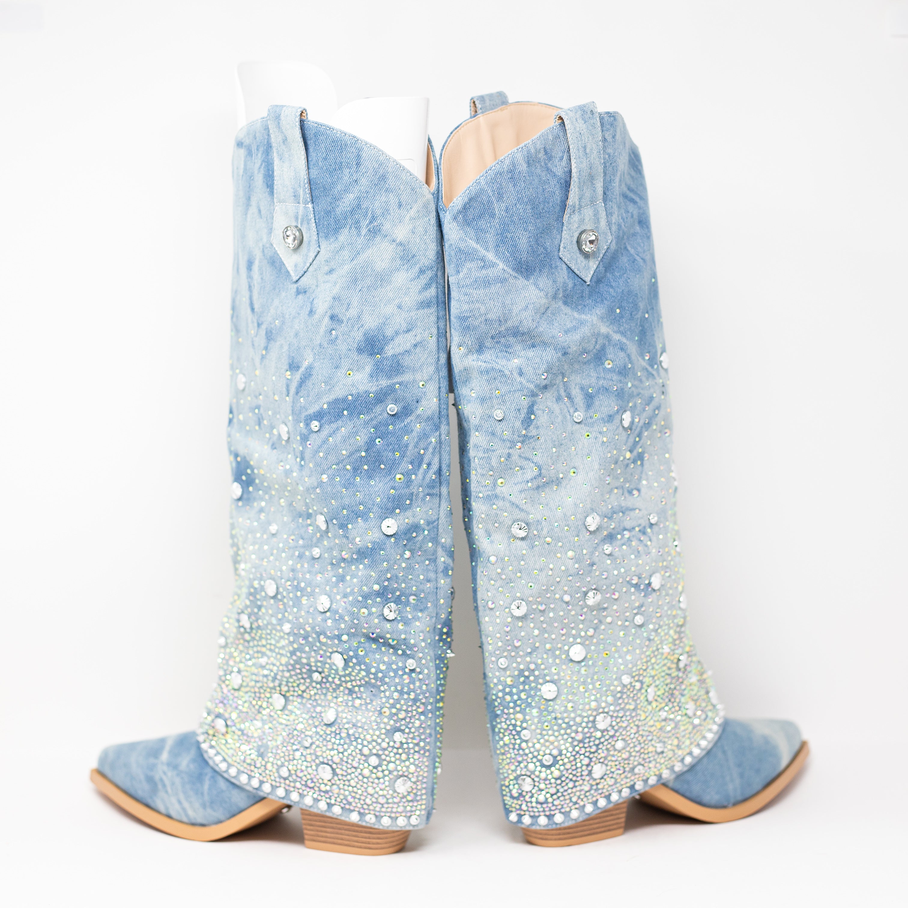 NEW Azalea Wang Mellow Western Crystal Rhinestone Jewel Heel Boots Shoes Blue 8
