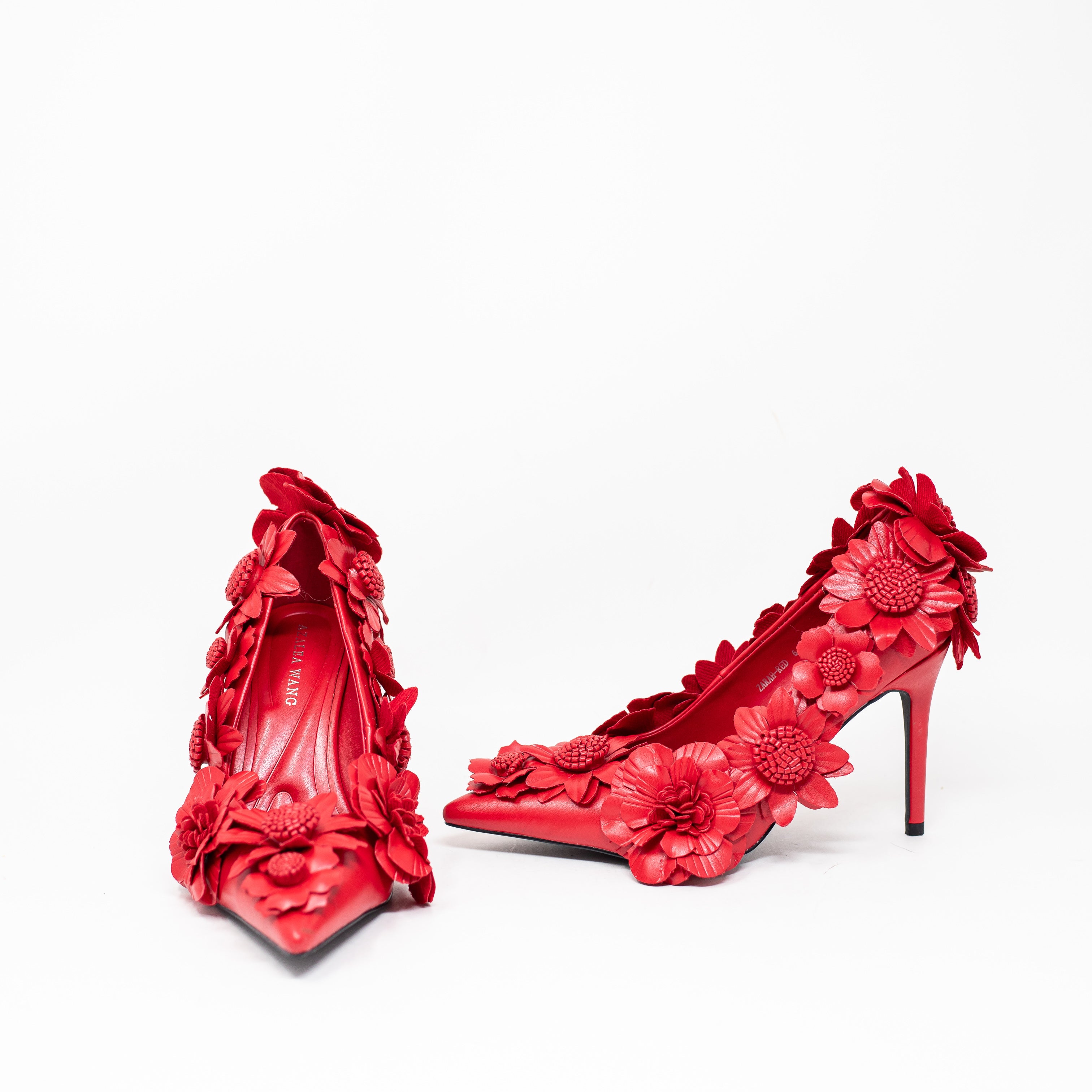 NEW Azalea Wang Zarah Faux Vegan Leather 3D Floral Flower Embellished High Heels
