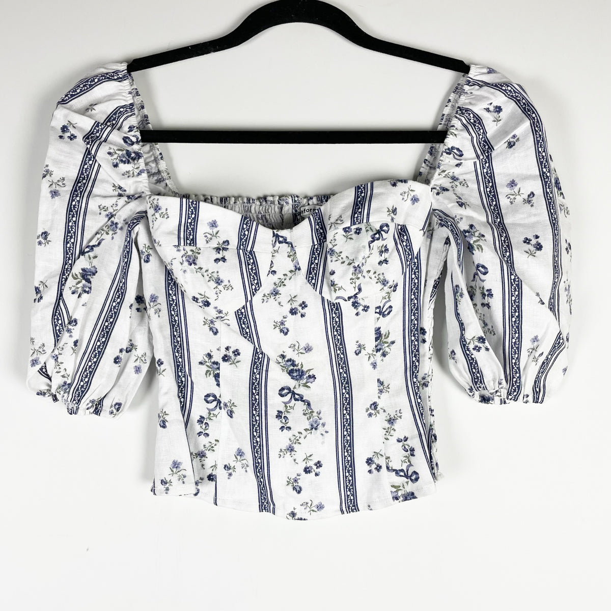 Reformation Arancini Linen Smocked Stretch Puff Sleeve Blouse Blue Floral 0