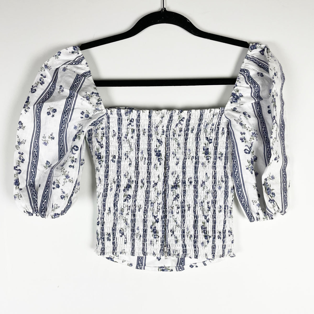 Reformation Arancini Linen Smocked Stretch Puff Sleeve Blouse Blue Floral 0