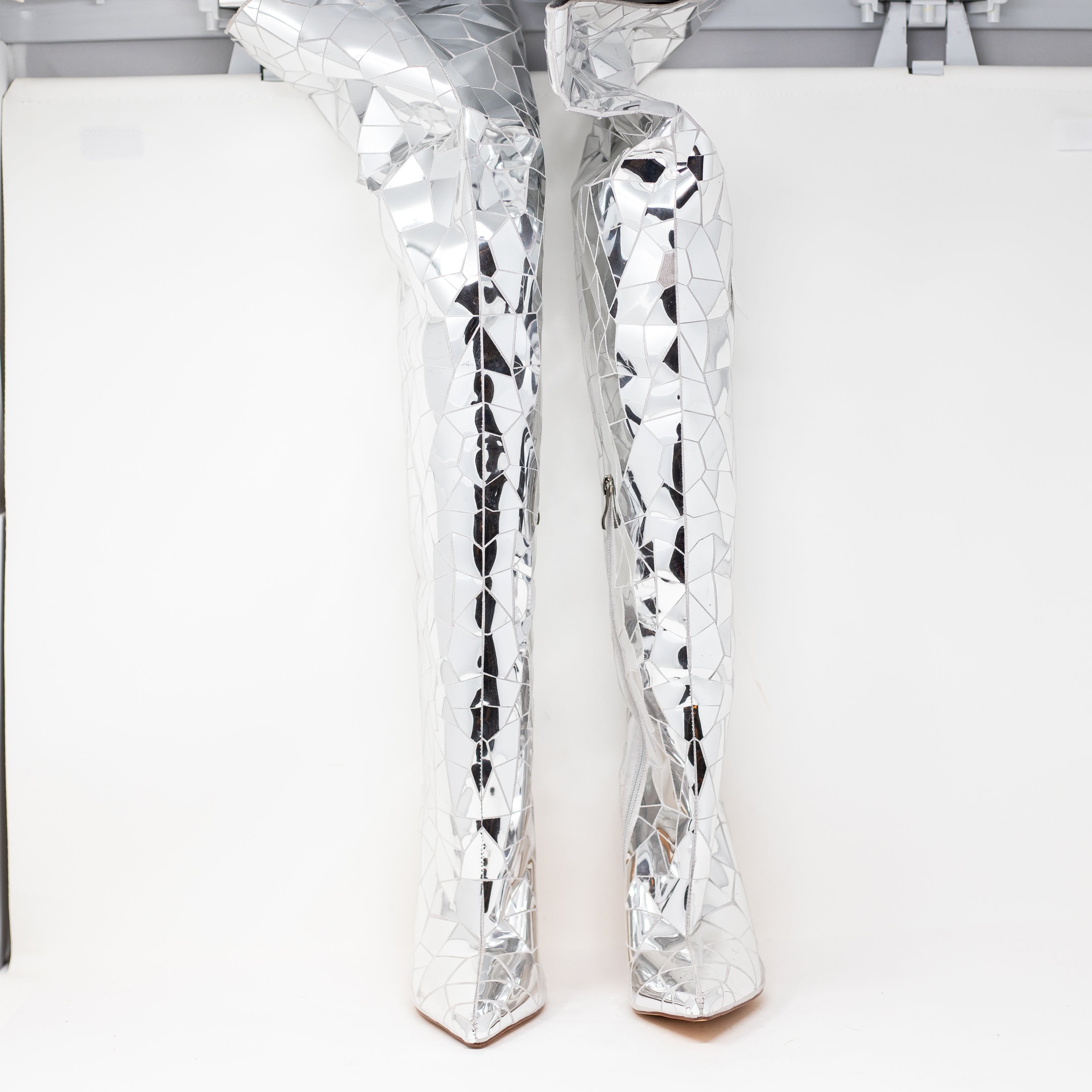 NEW Azalea Wang Shattered Disco Over The Knee High Heels Boots Shoes Silver 6