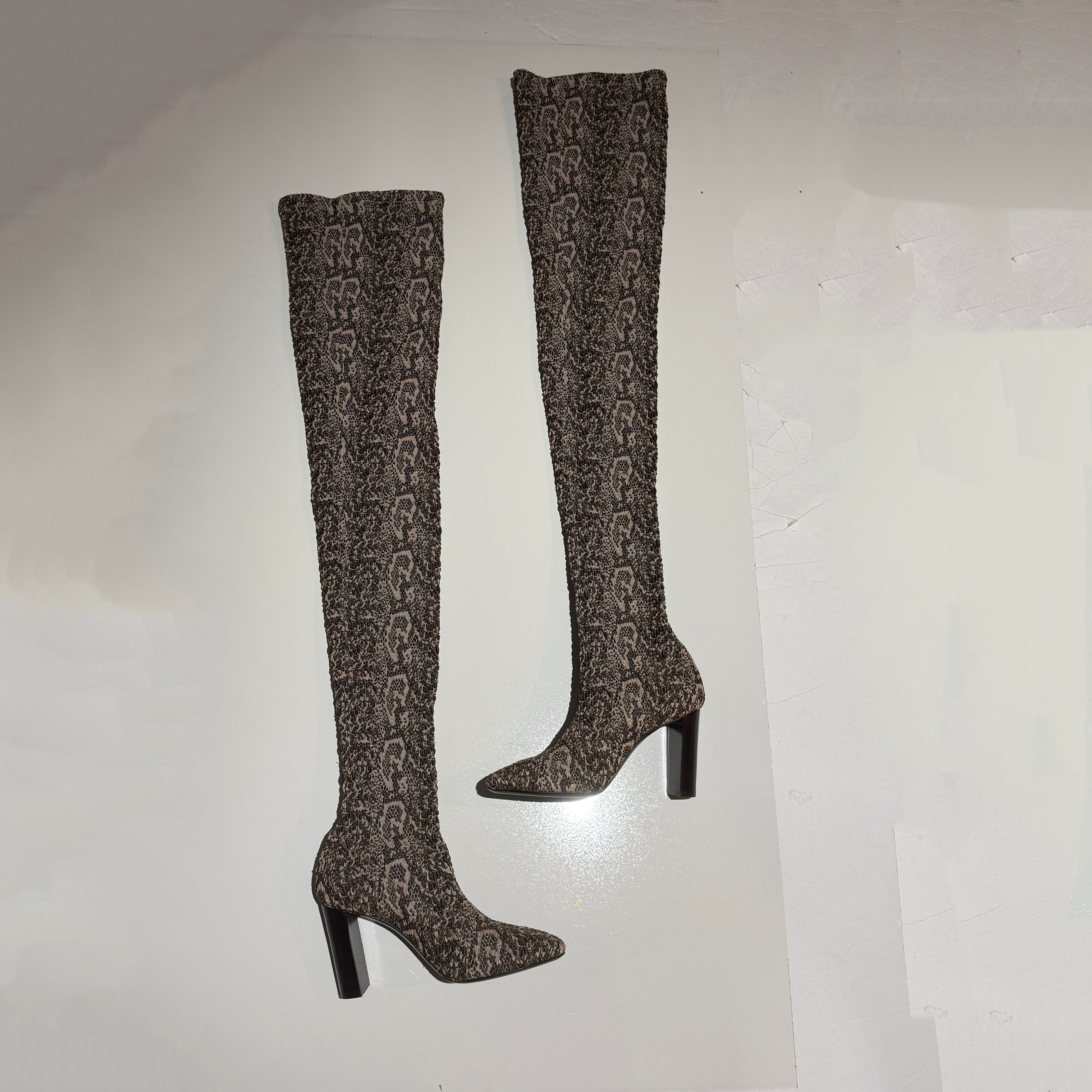 Saint Laurent YSL Moon Snake Stretch Knit Sock Over The Knee Heel Pull On Boots