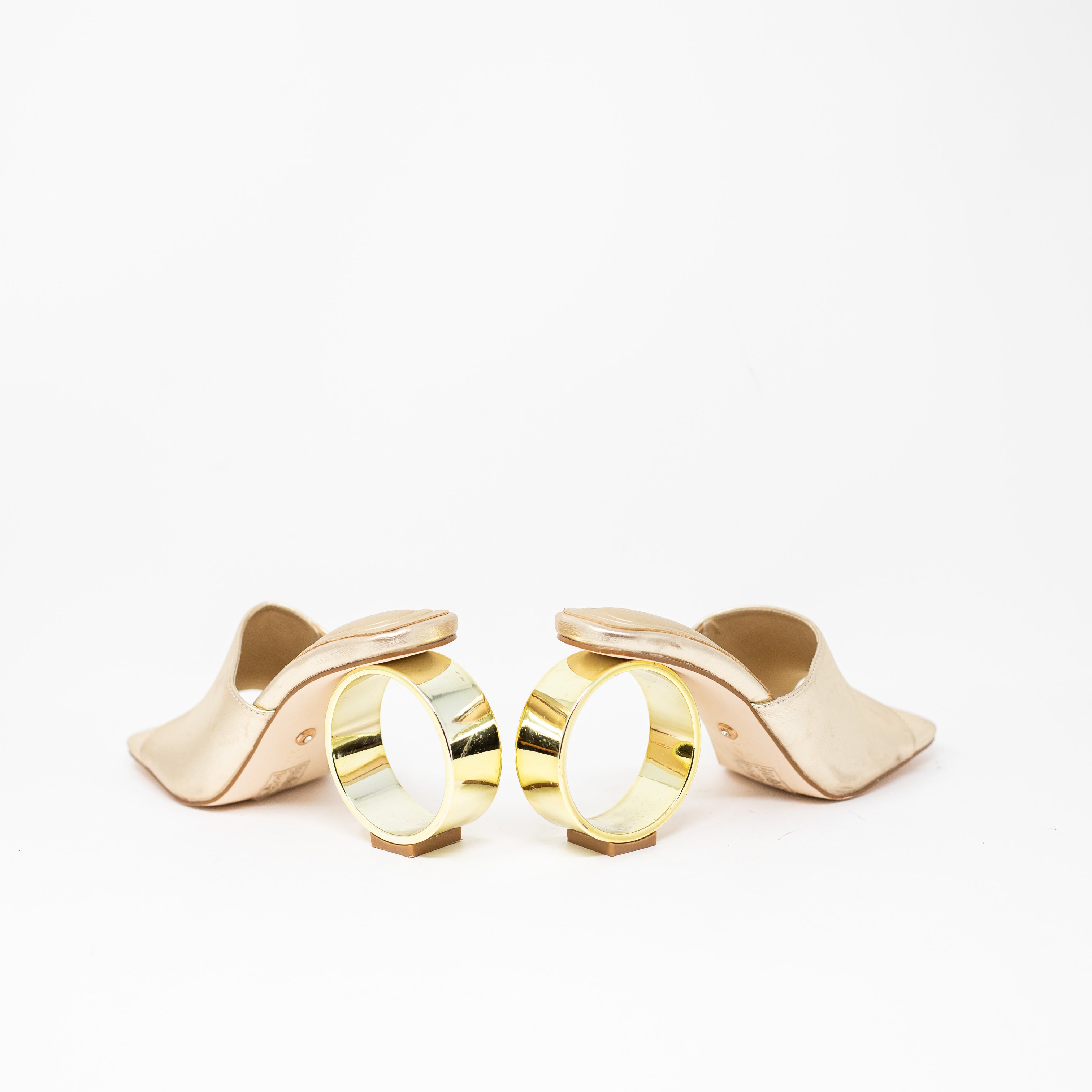 Azalea Wang Corabel Circular Round Geometric Faux Leather Heel Sandal Gold 7.5