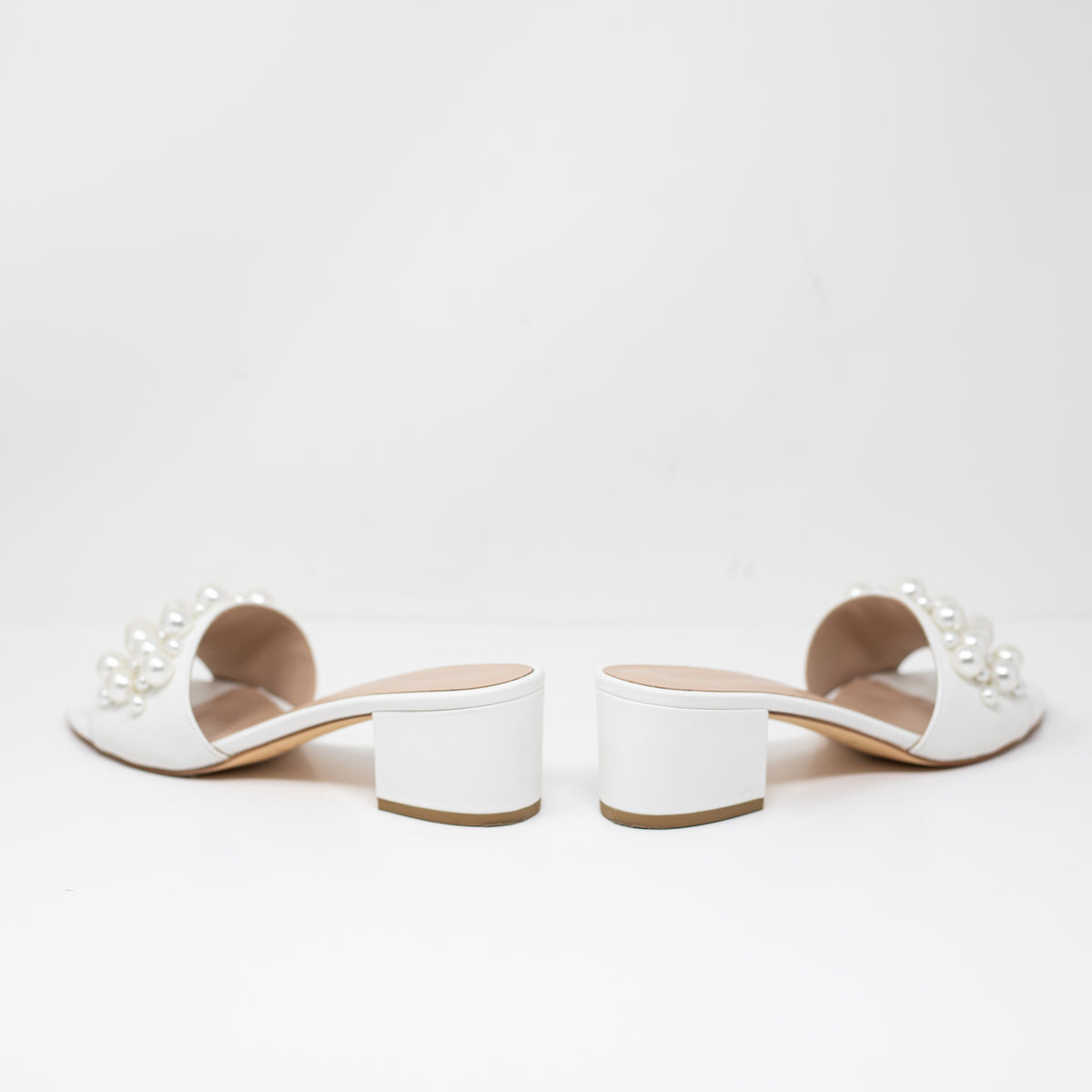 Stuart Weitzman Goldie 50 Block Heel Leather Slide Faux Pearl Embellished Sandal