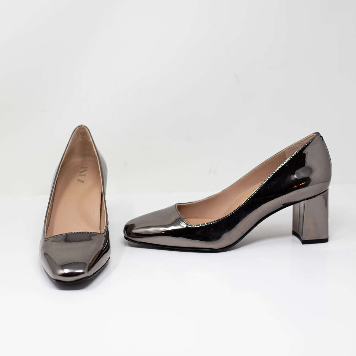 NEW Inez Clara Plomo Patent Leather Block High Heel Squared Toe Shiny 7