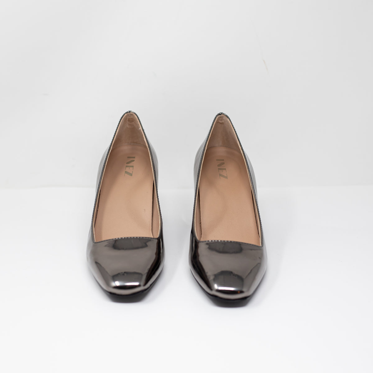 NEW Inez Clara Plomo Patent Leather Block High Heel Squared Toe Shiny 7