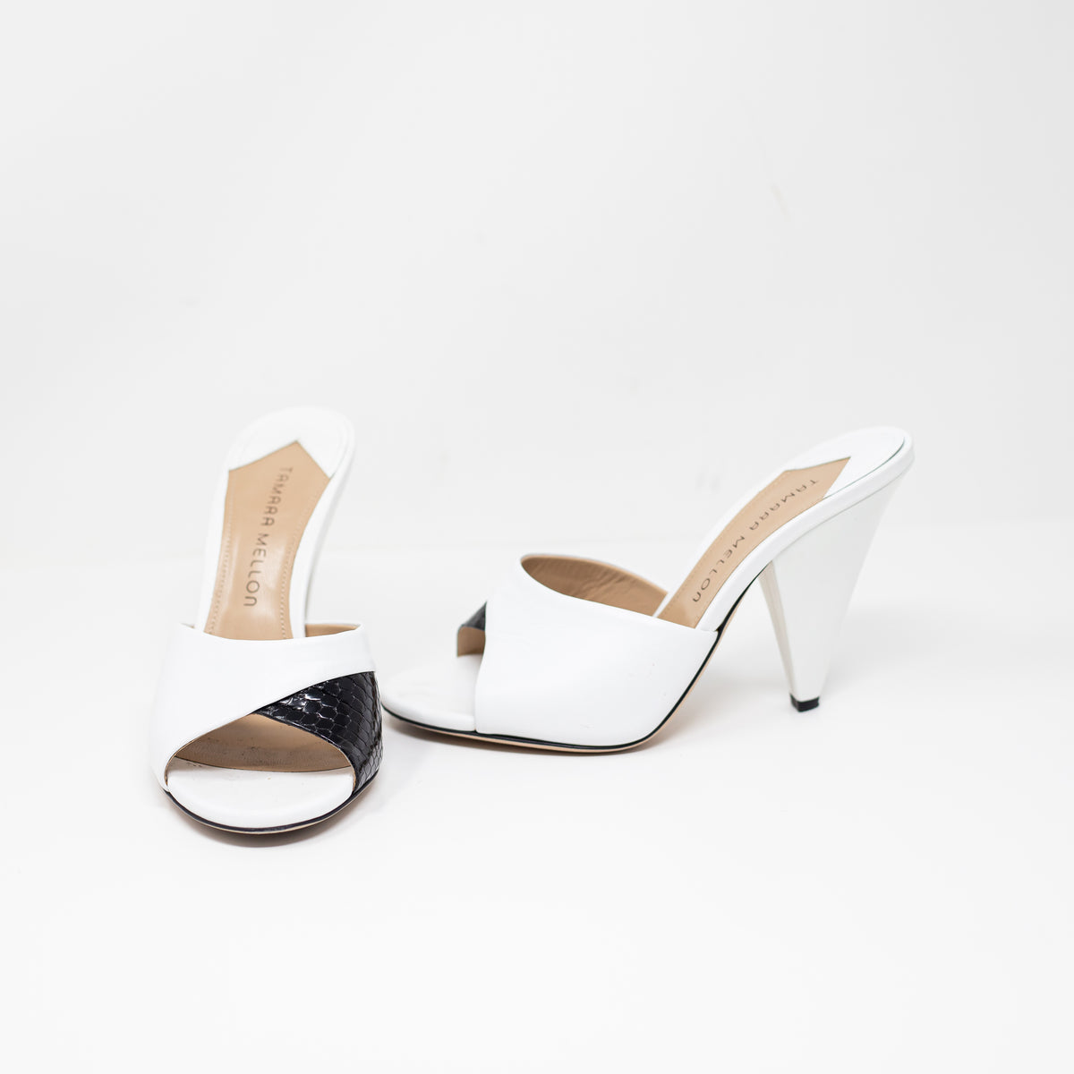 Tamara Mellon Shade 105 Peep Toe Geometric Heel Mule Sandals Shoes 7.5