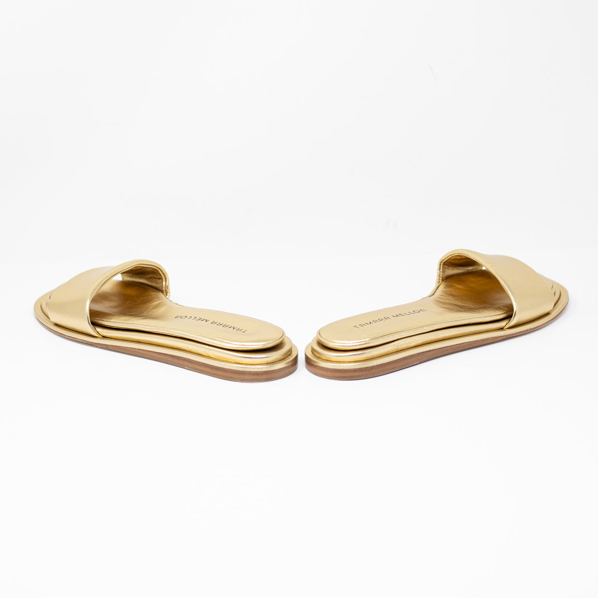 Tamara Mellon Admirer Metallic Gold Nappa Leather Flat Open Toe Sandals Shoes