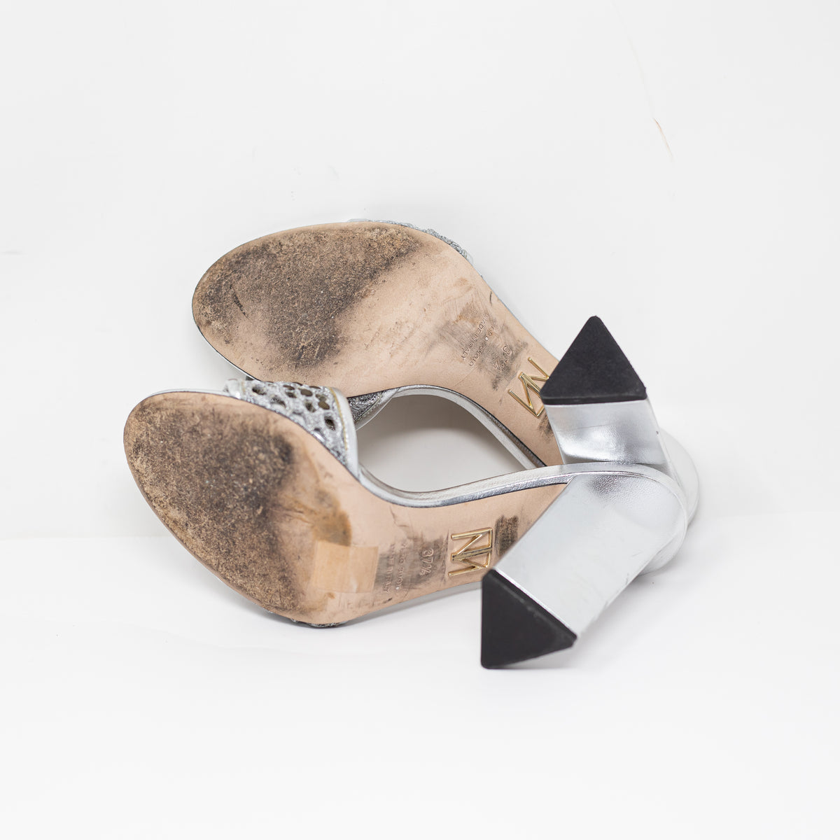 Tamara Mellon Argento Metallic Silver Crochet Knit Biba Block Heel Mules Sandals