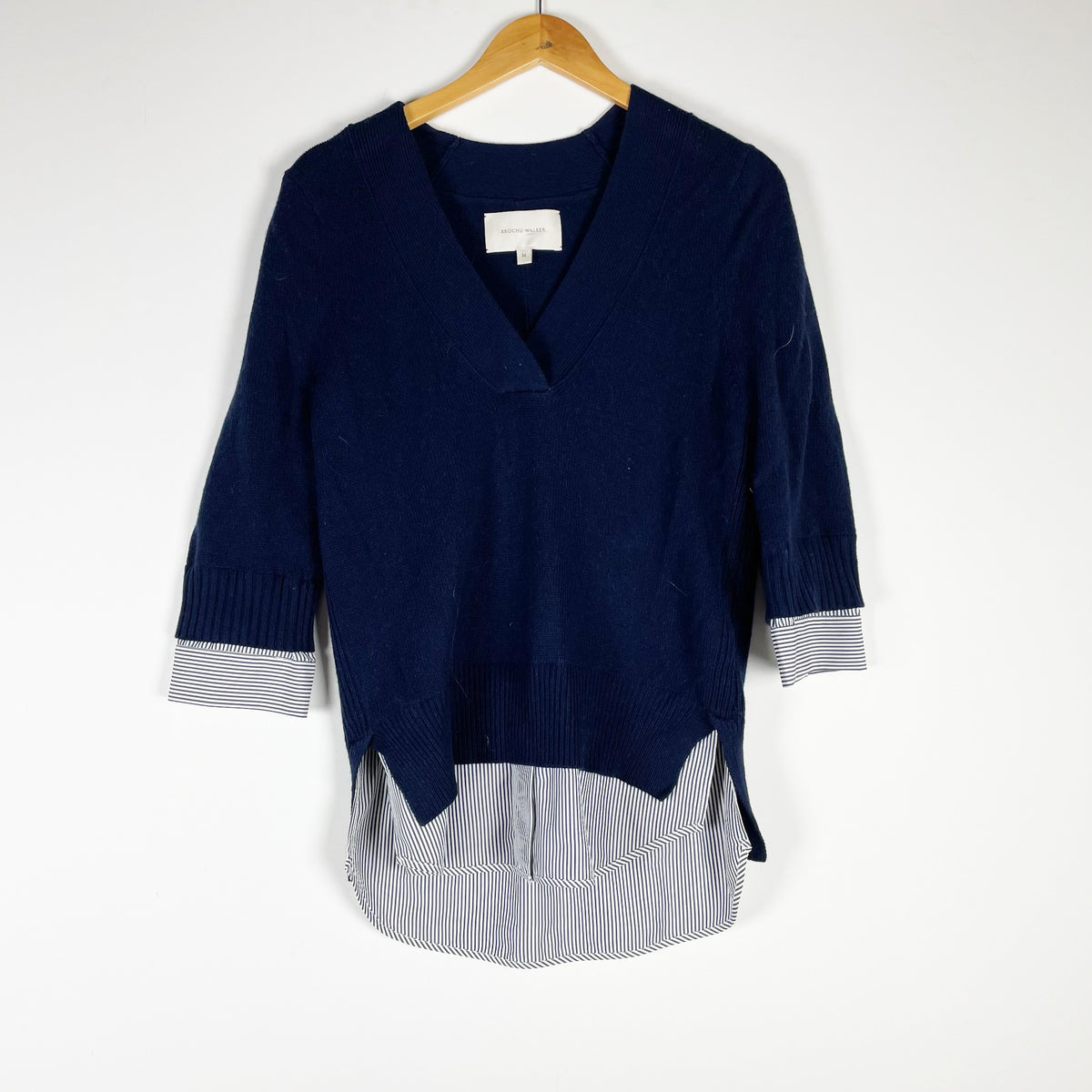 Brochu Walker Lucie Layered Vee Looker Cotton Cashmere Mixed Media Sweater Navy