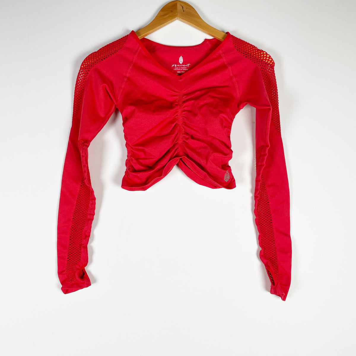 Free People x FP Movement On The Rise Ruched Mesh Cropped Long Sleeve Shirt Red