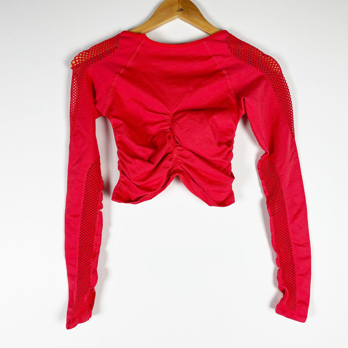 Free People x FP Movement On The Rise Ruched Mesh Cropped Long Sleeve Shirt Red