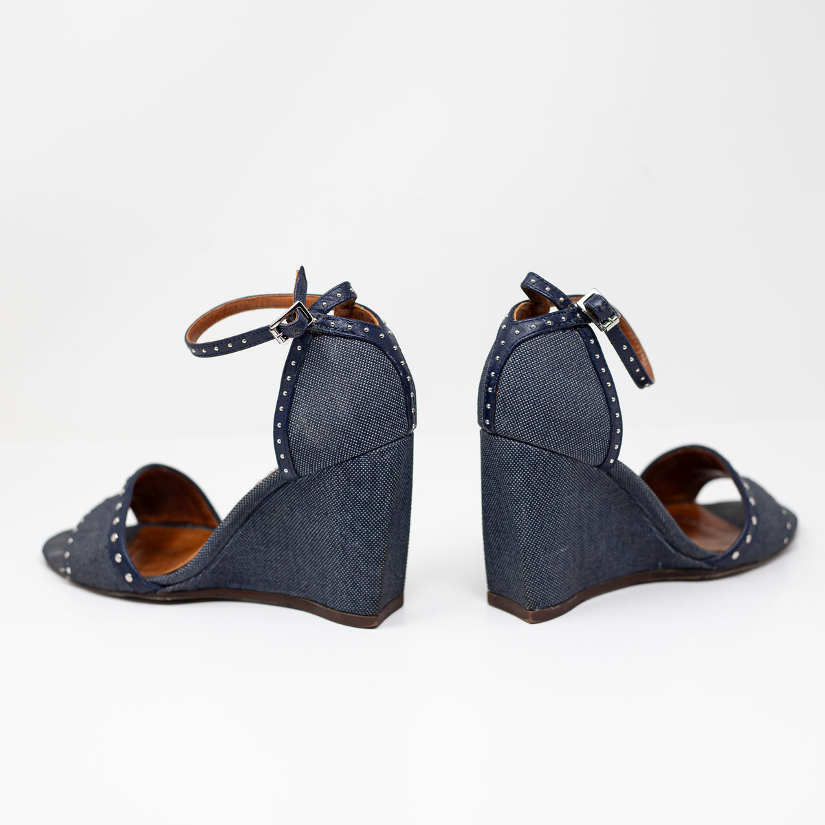 Lanvin Women's Cotton Denim Jean Leather Trim Studded Embellished Wedge Heels