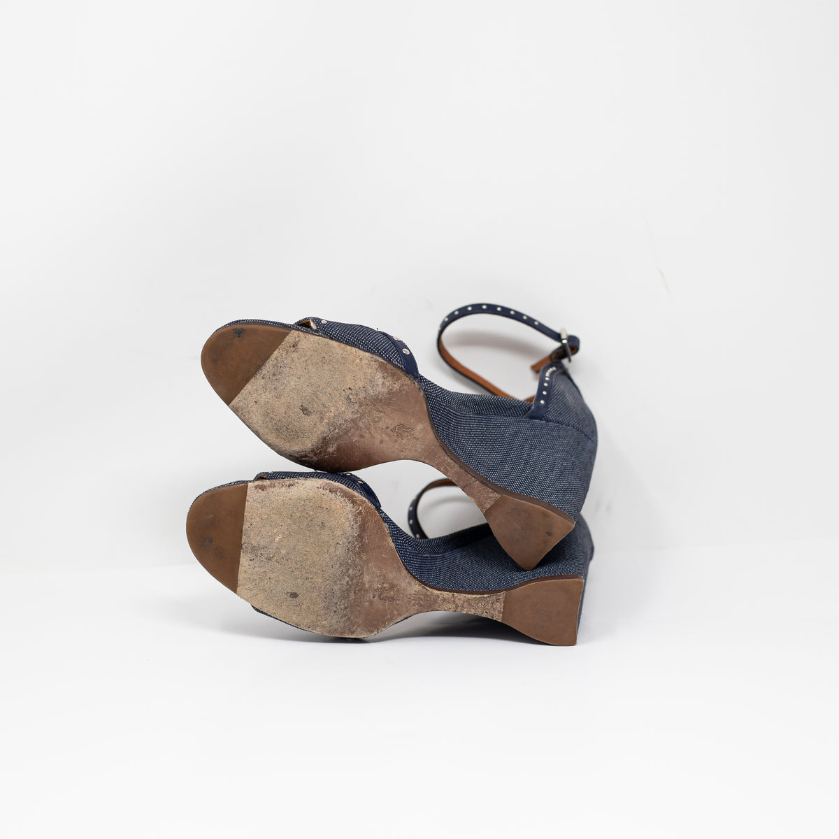 Lanvin Women's Cotton Denim Jean Leather Trim Studded Embellished Wedge Heels