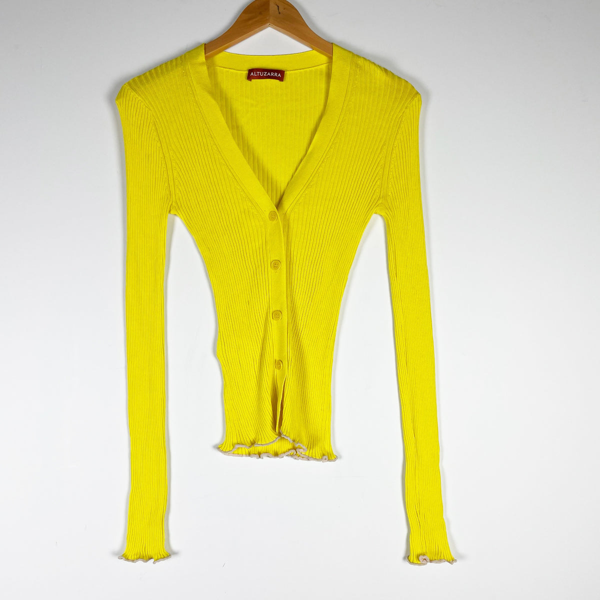 Altuzarra Silk Cotton Ribbed Knit Stretch Ruffle Hem Cardigan Sweater Yellow M
