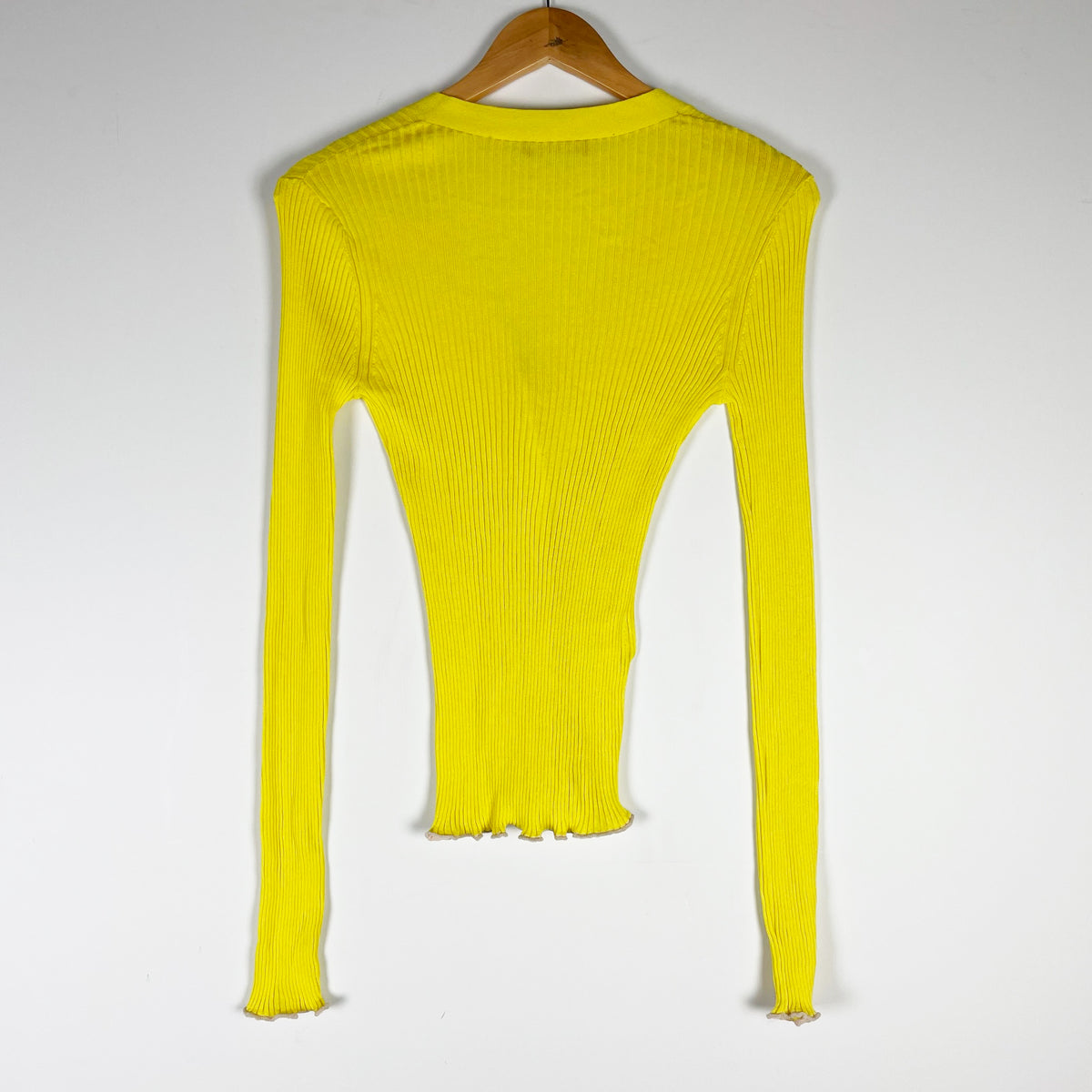Altuzarra Silk Cotton Ribbed Knit Stretch Ruffle Hem Cardigan Sweater Yellow M