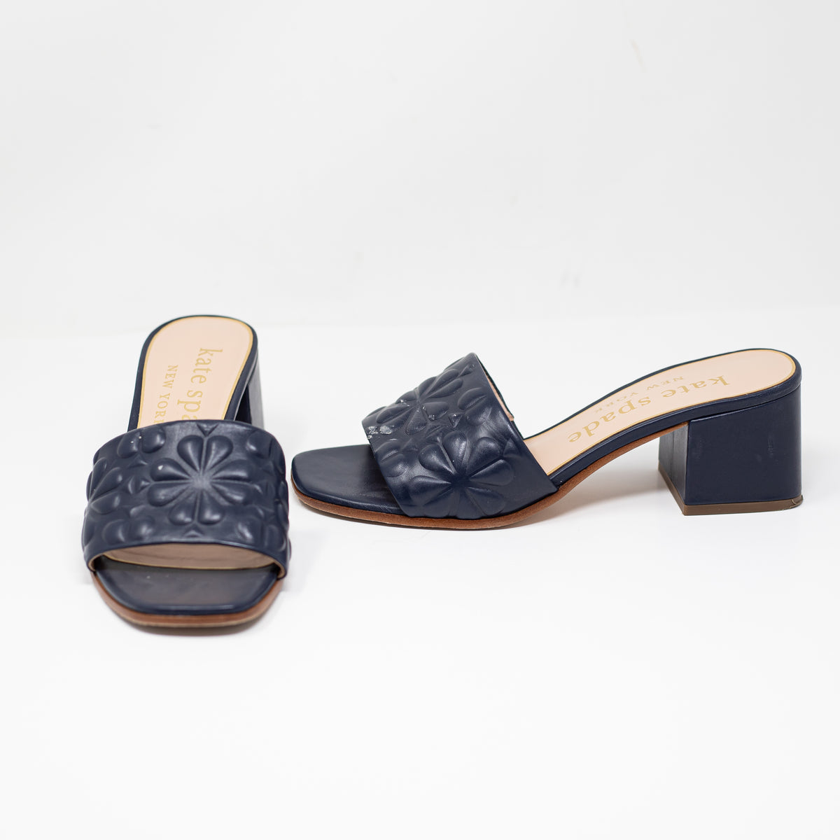 Kate Spade Emmie Genuine Quilted Leather Open Toe Block Heel Sandals Shoes Blue