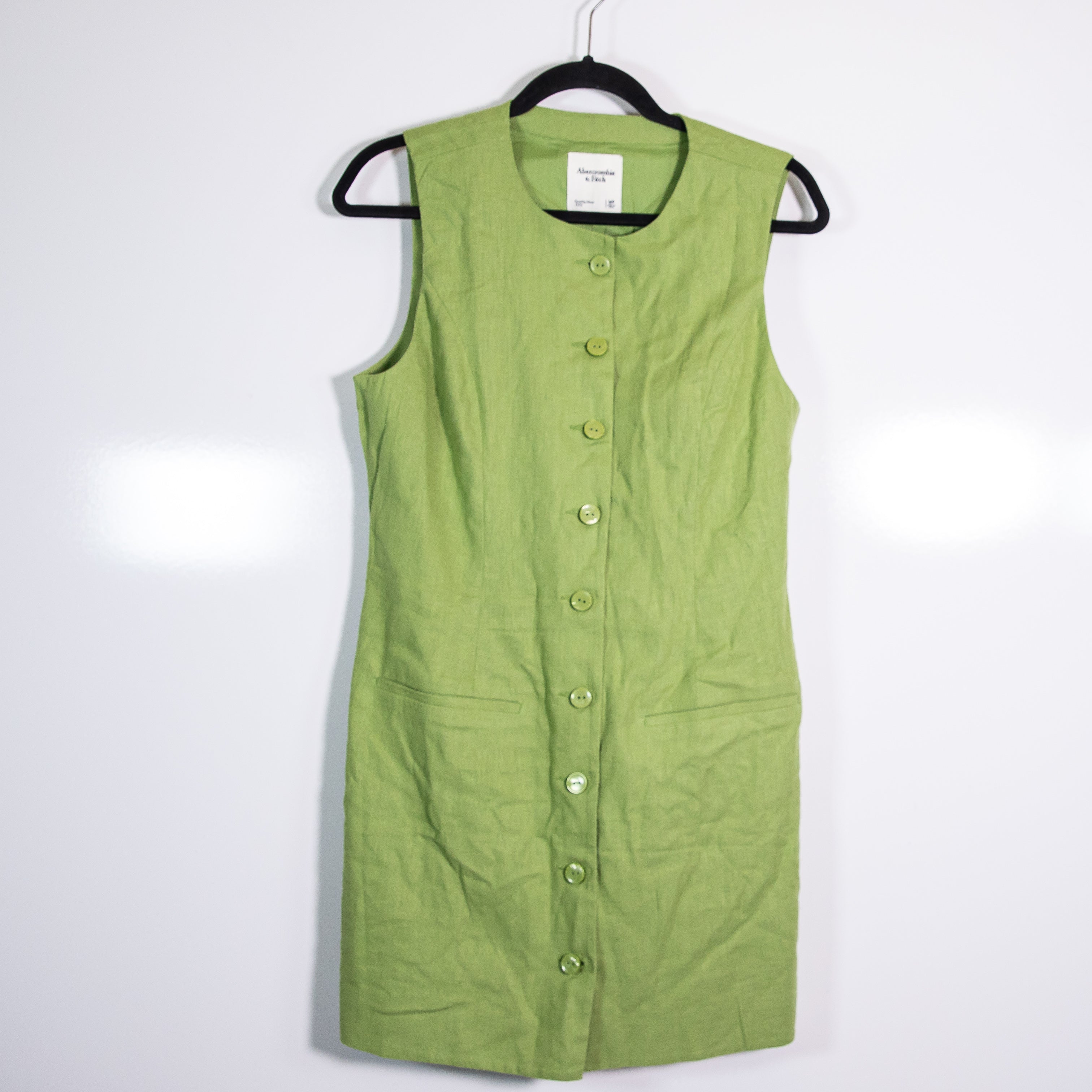 NEW Abercrombie & Fitch The A&F Mara Linen Blend Button Front Mini Dress Green