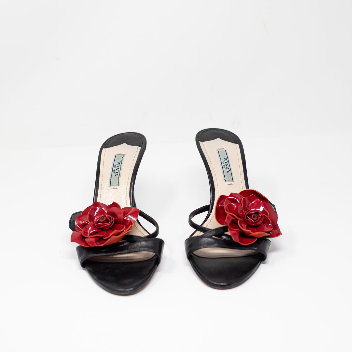Prada Milano Vintage Genuine Leather Rose Flower Open Toe Sandals High Heel Shoe