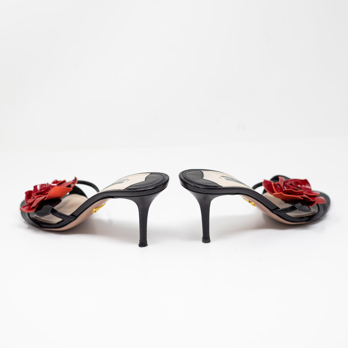 Prada Milano Vintage Genuine Leather Rose Flower Open Toe Sandals High Heel Shoe