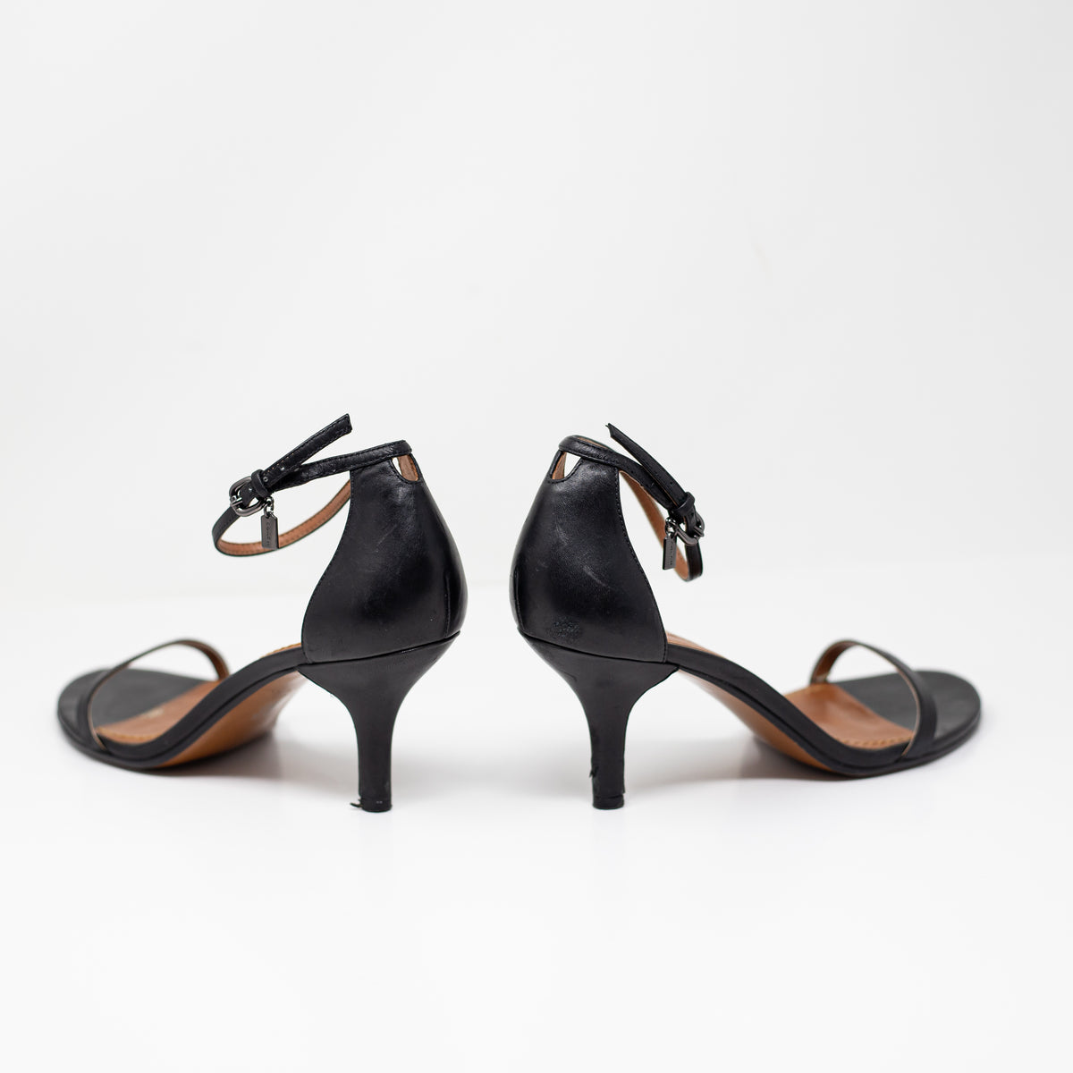 Coach Women's Genuine Leather Ankle Strap Open Toe Heels Shoes Black 7.5