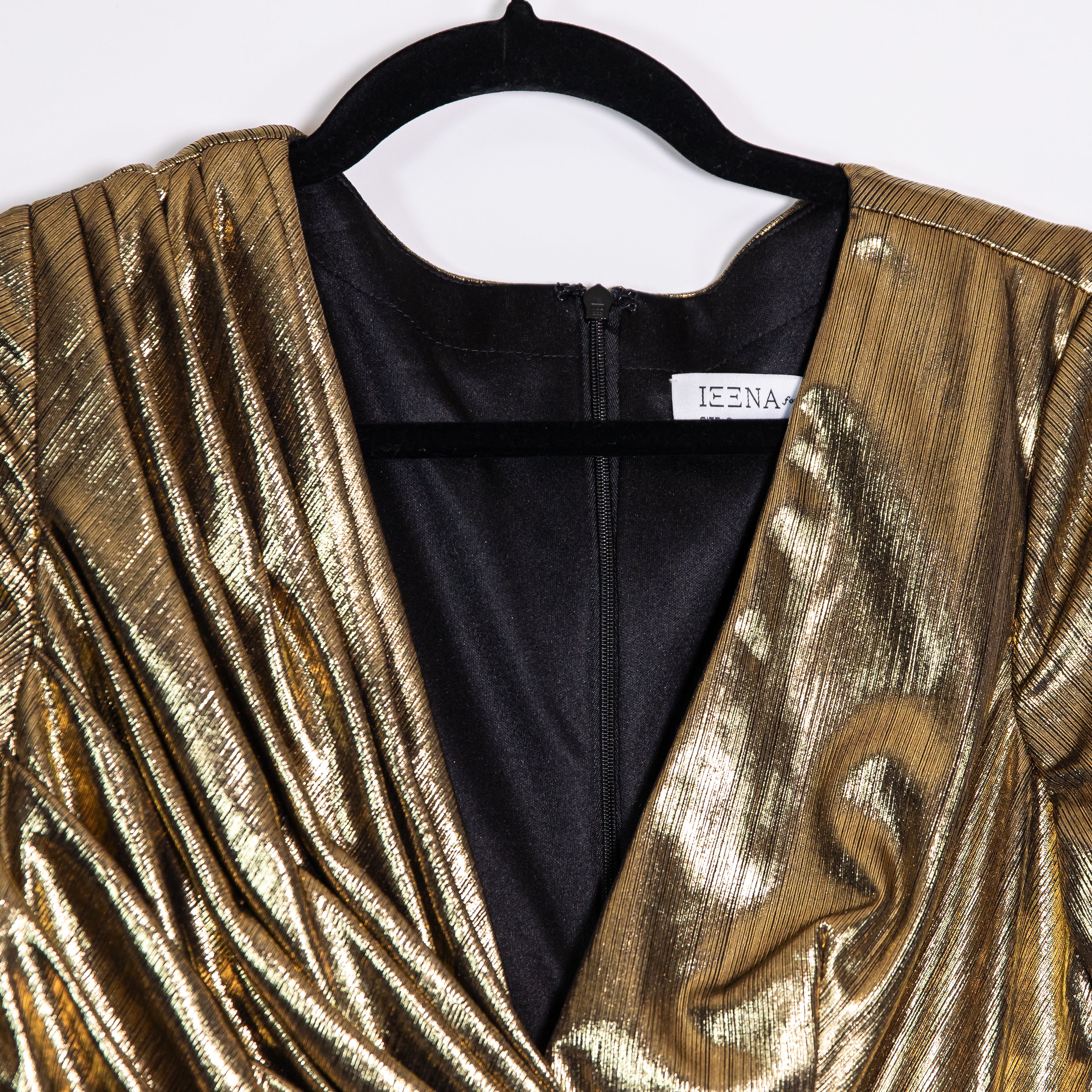 NEW Ieena For Mac Duggal 26684 Gold Metallic Lame V Neck Draped Maxi Dress 6