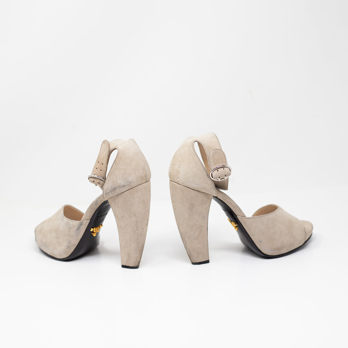 Prada Women's Made In Italy Genuine Suede Ankle Strap Geometric High Heels Shoes