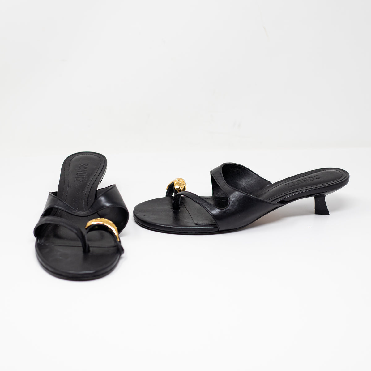NEW Schutz Elliote Ring Detail Genuine Leather Strappy Kitten Heels Shoes Black
