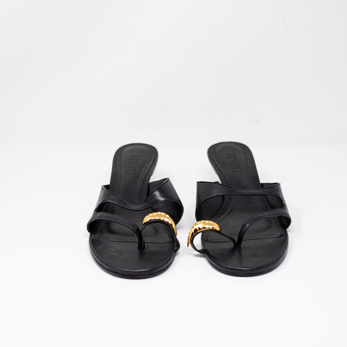 NEW Schutz Elliote Ring Detail Genuine Leather Strappy Kitten Heels Shoes Black