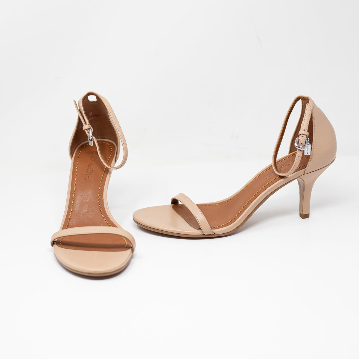 Coach Women's Genuine Leather Ankle Strap Open Toe Heels Shoes Beige 7.5