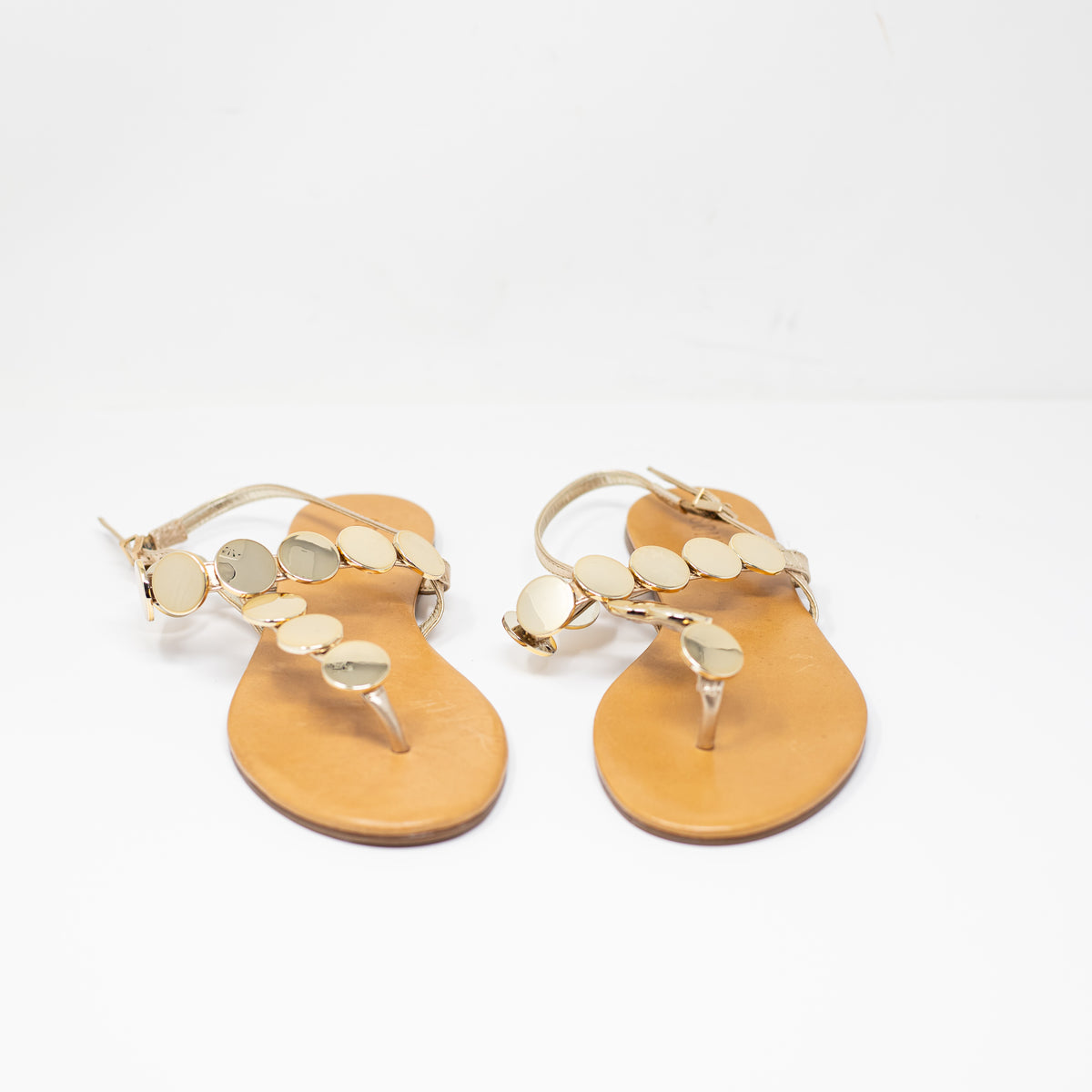 NEW Schutz Acacia T Strap Metal Detail Flat Sandals Shoes Gold 7.5