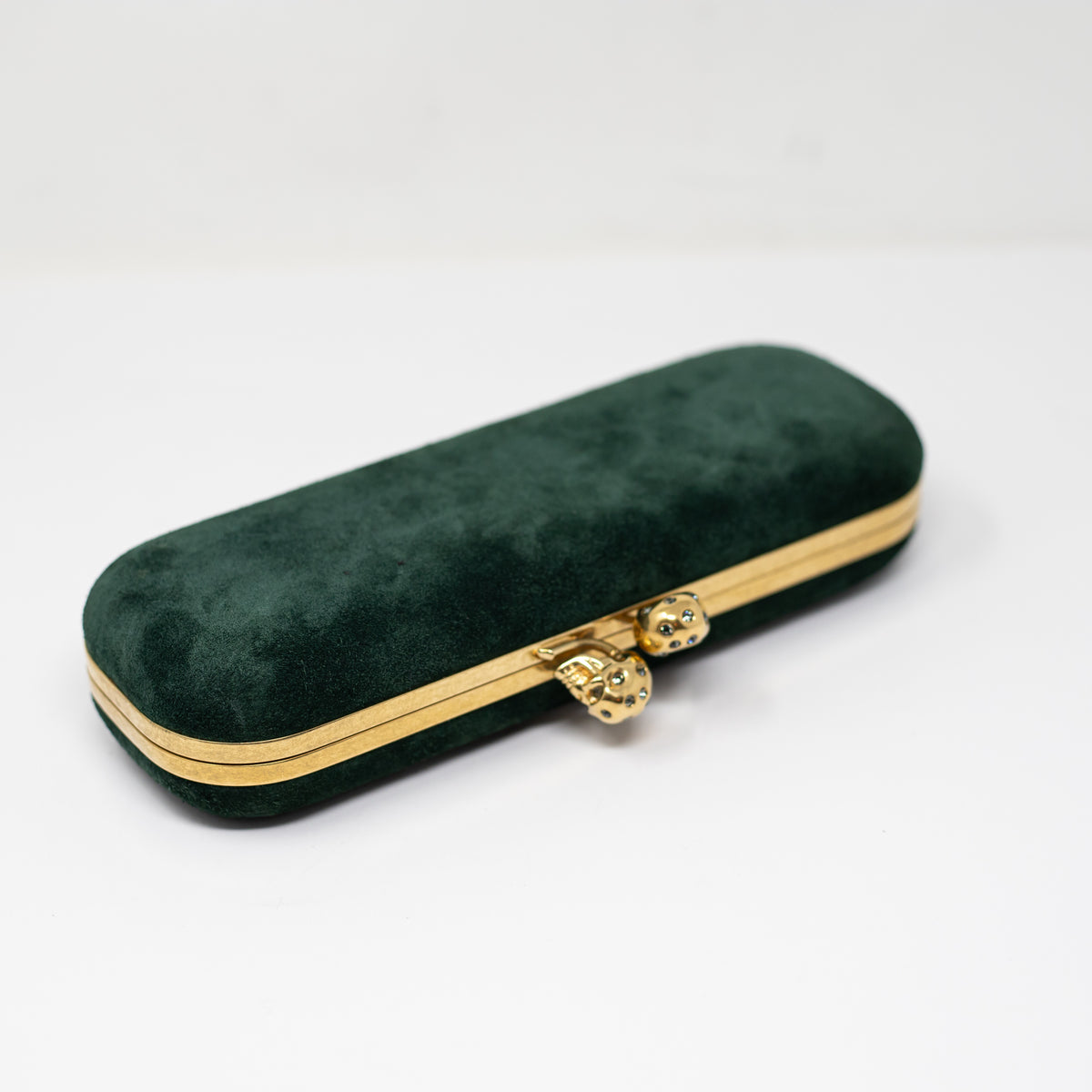 Alexander McQueen Genuine Suede Double Skull Clasp Box Clutch Purse Bag Emerald