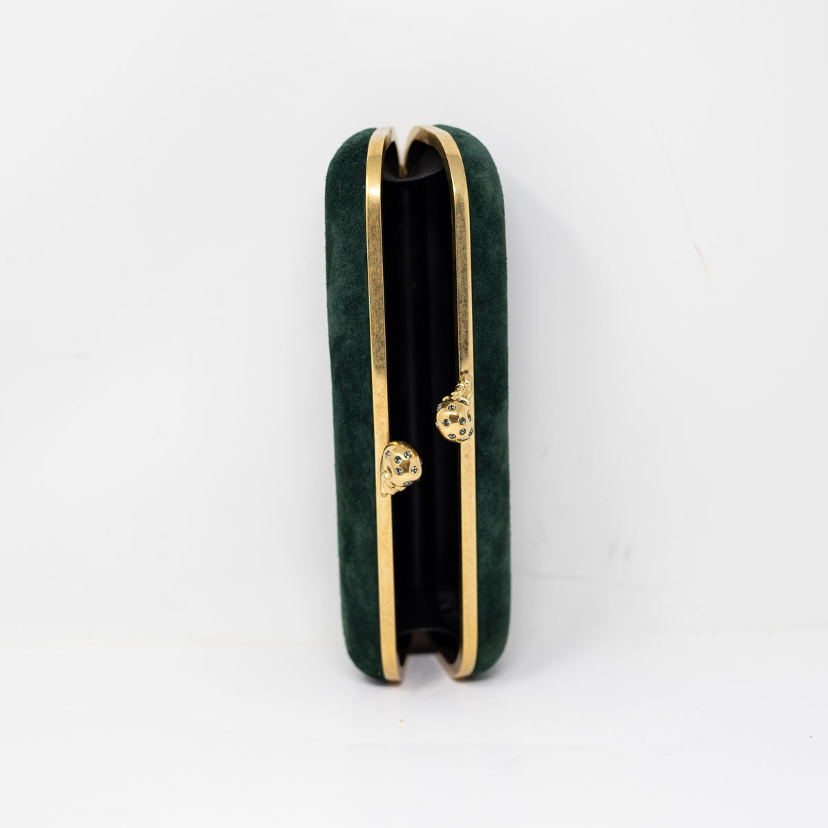 Alexander McQueen Genuine Suede Double Skull Clasp Box Clutch Purse Bag Emerald