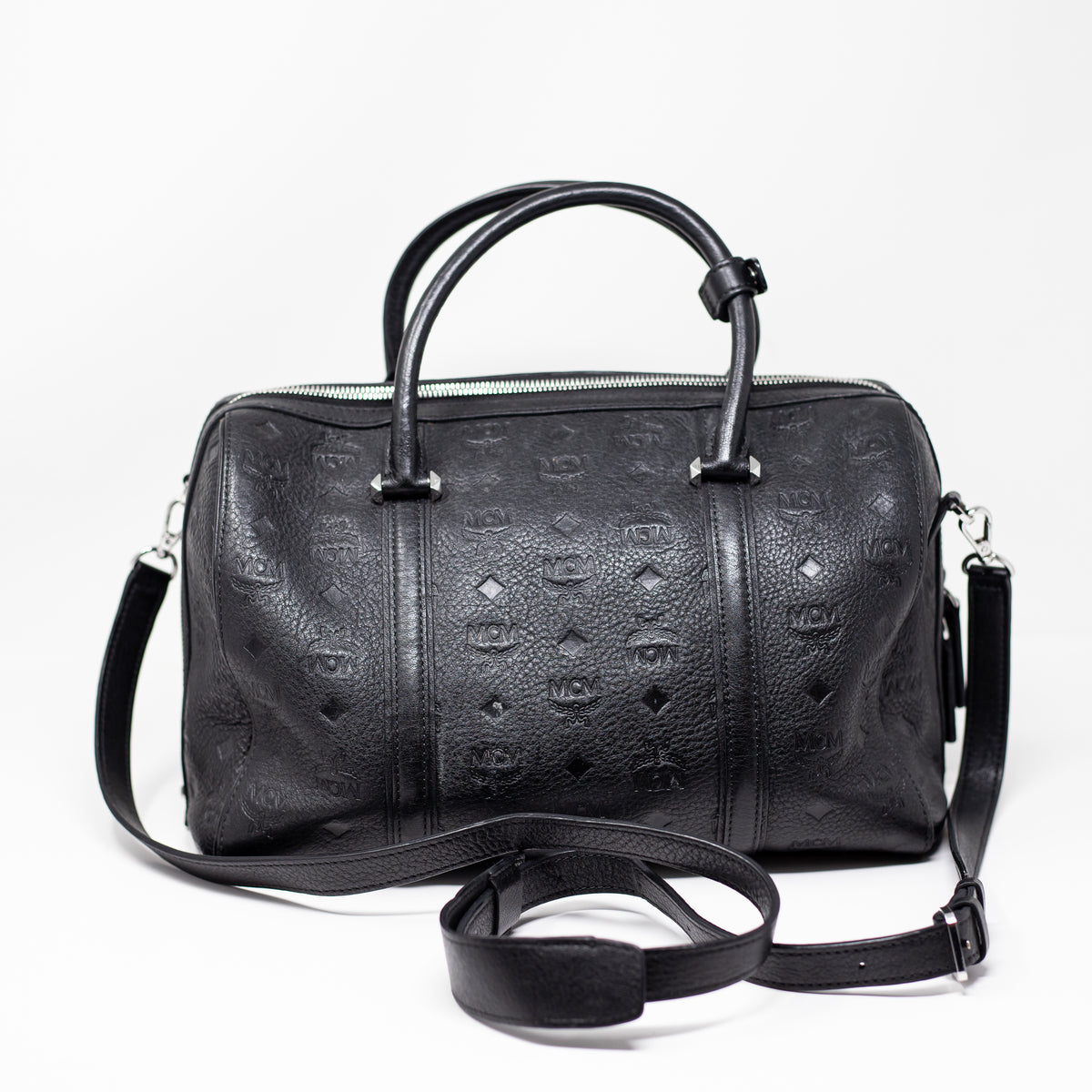 MCM Ella Boston Top Handle Convertible Crossbody Duffel Bag Purse Logo Print