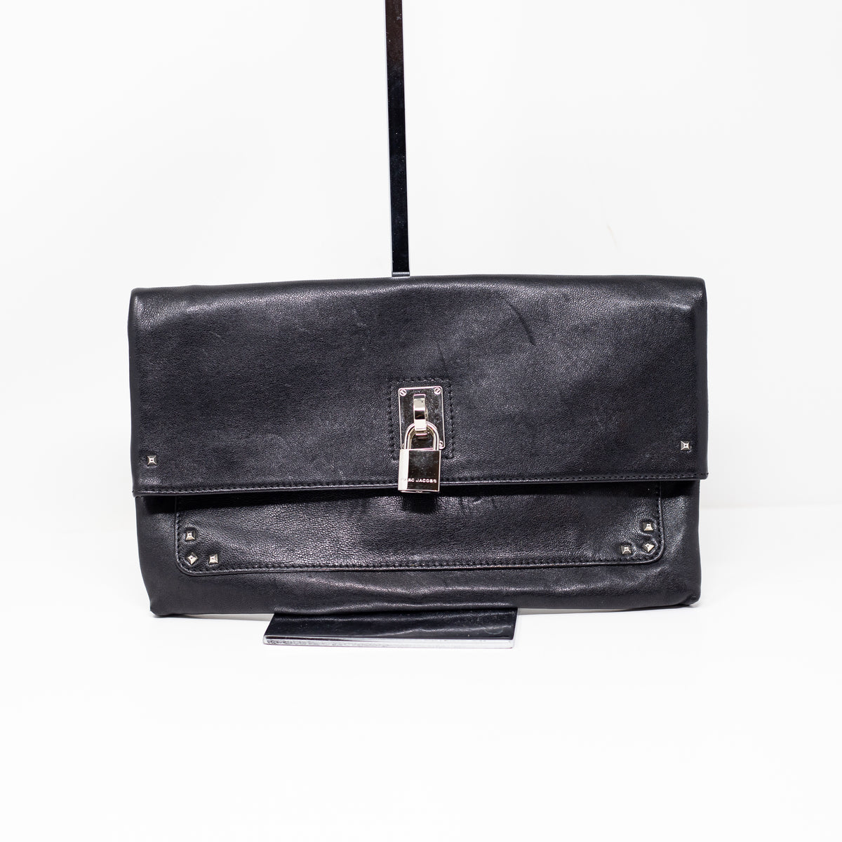Marc Jacobs Eugenie Genuine Leather Fold Over Padlock Clutch Purse Bag Black