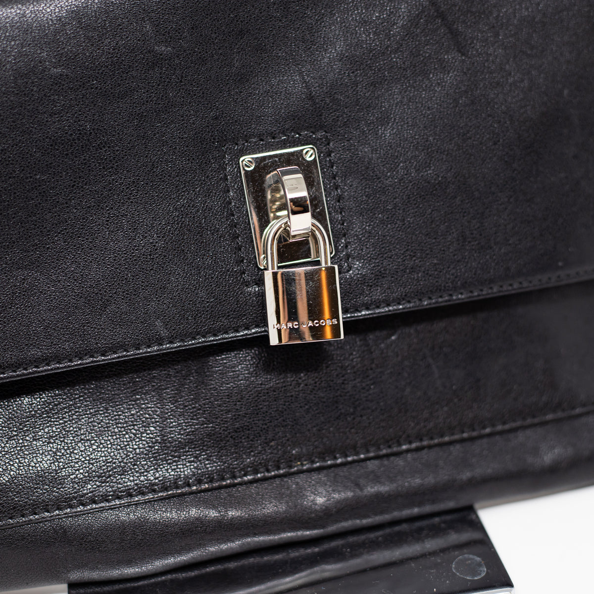 Marc Jacobs Eugenie Genuine Leather Fold Over Padlock Clutch Purse Bag Black