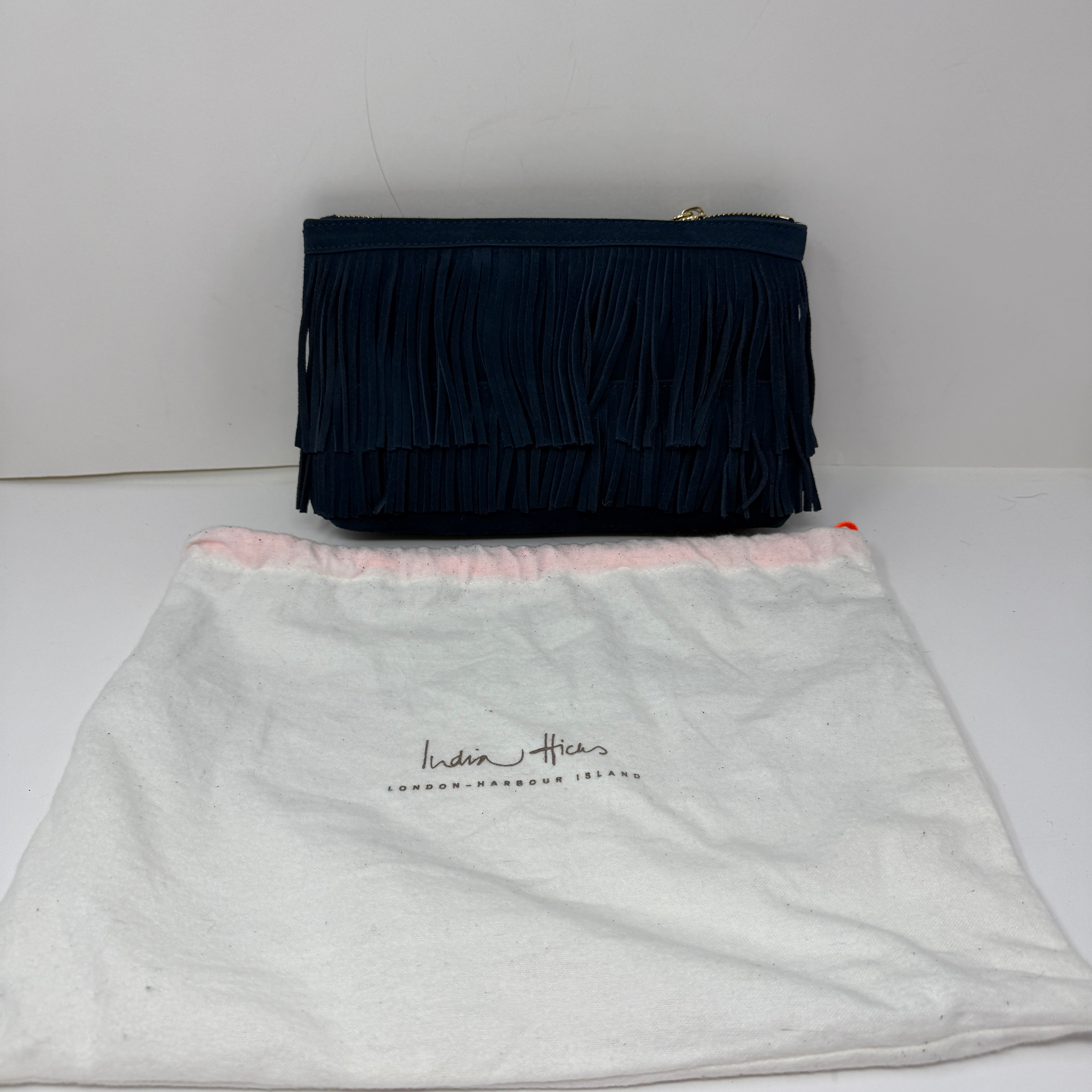 India Hicks Dougal Genuine Suede Leather Fringe Clutch Purse Bag Navy Blue Gold