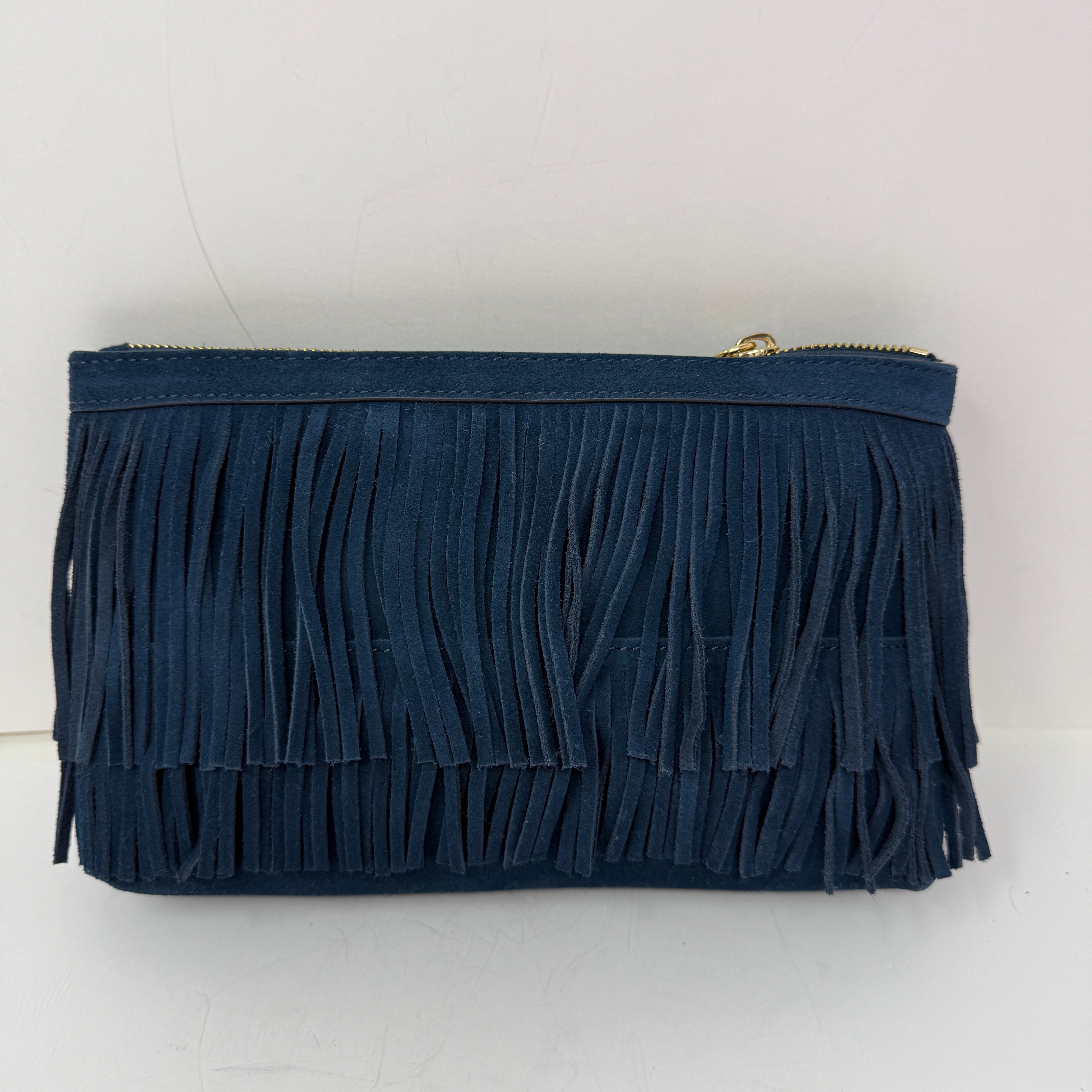 India Hicks Dougal Genuine Suede Leather Fringe Clutch Purse Bag Navy Blue Gold