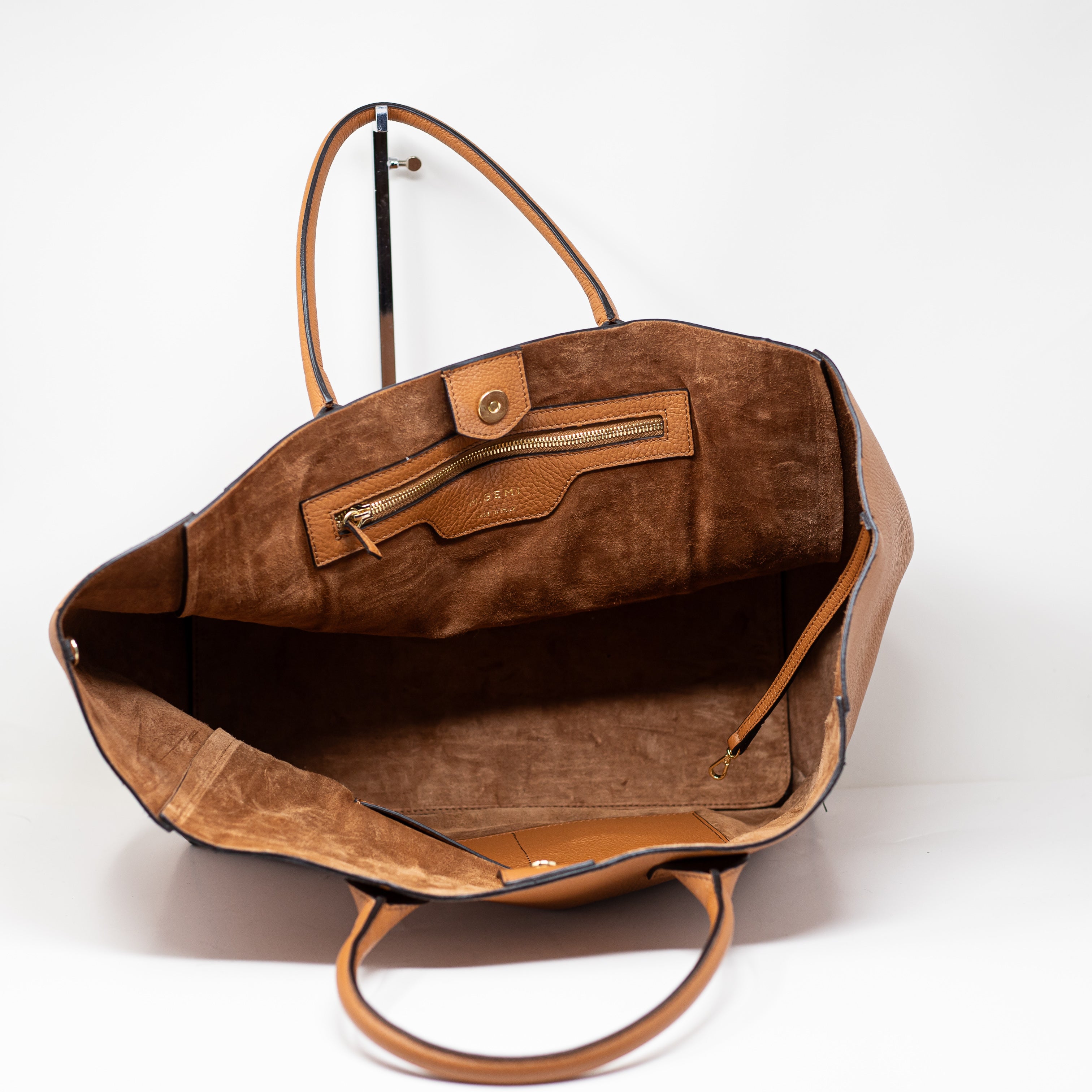 M. Gemi The Elena Genuine Leather Suede Lined Grande Tote Purse Bag Tan Tumbled