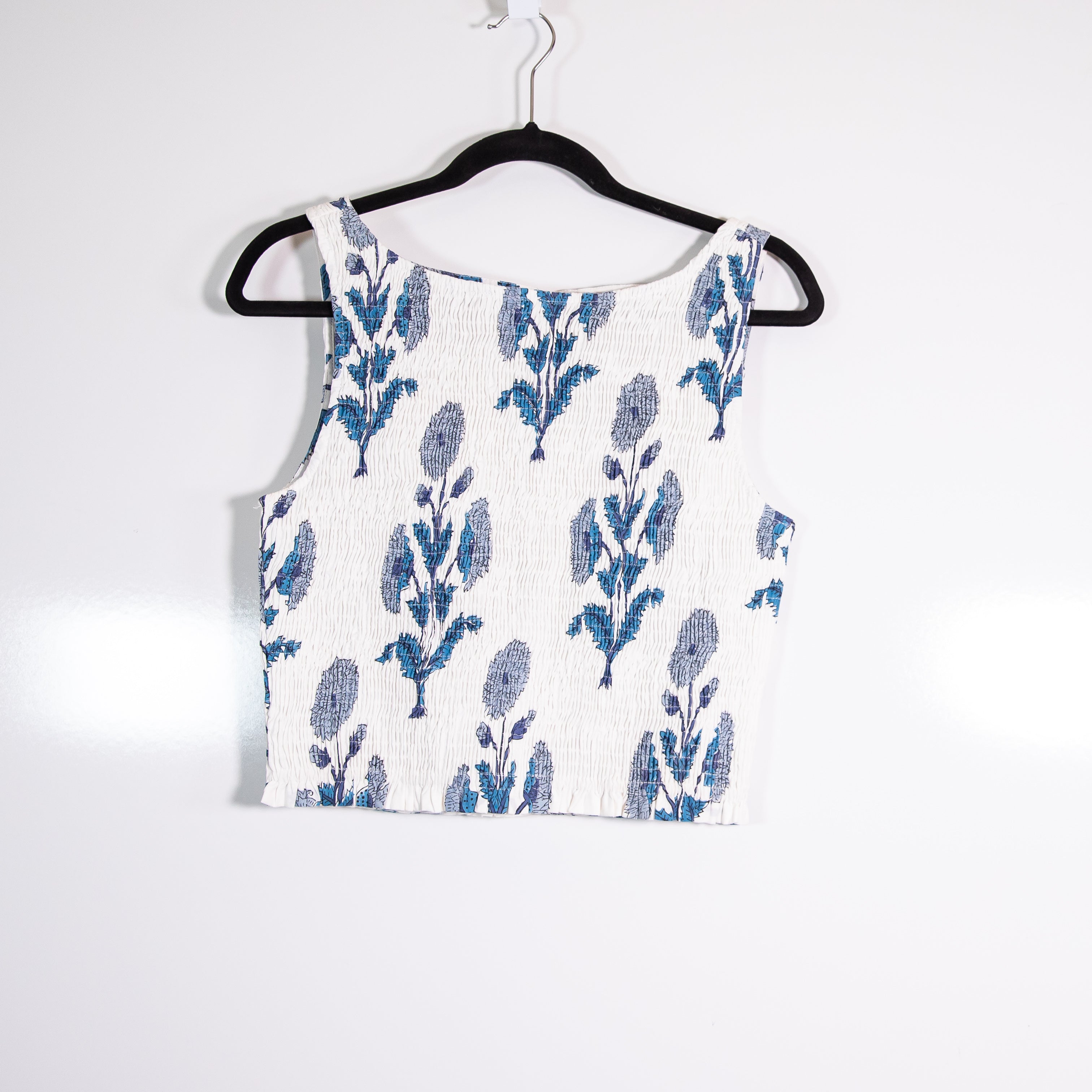 Marea Charlotte Cotton Poplin Smocked Stretch Sleeveless Tank Top Indigo Zinnia 