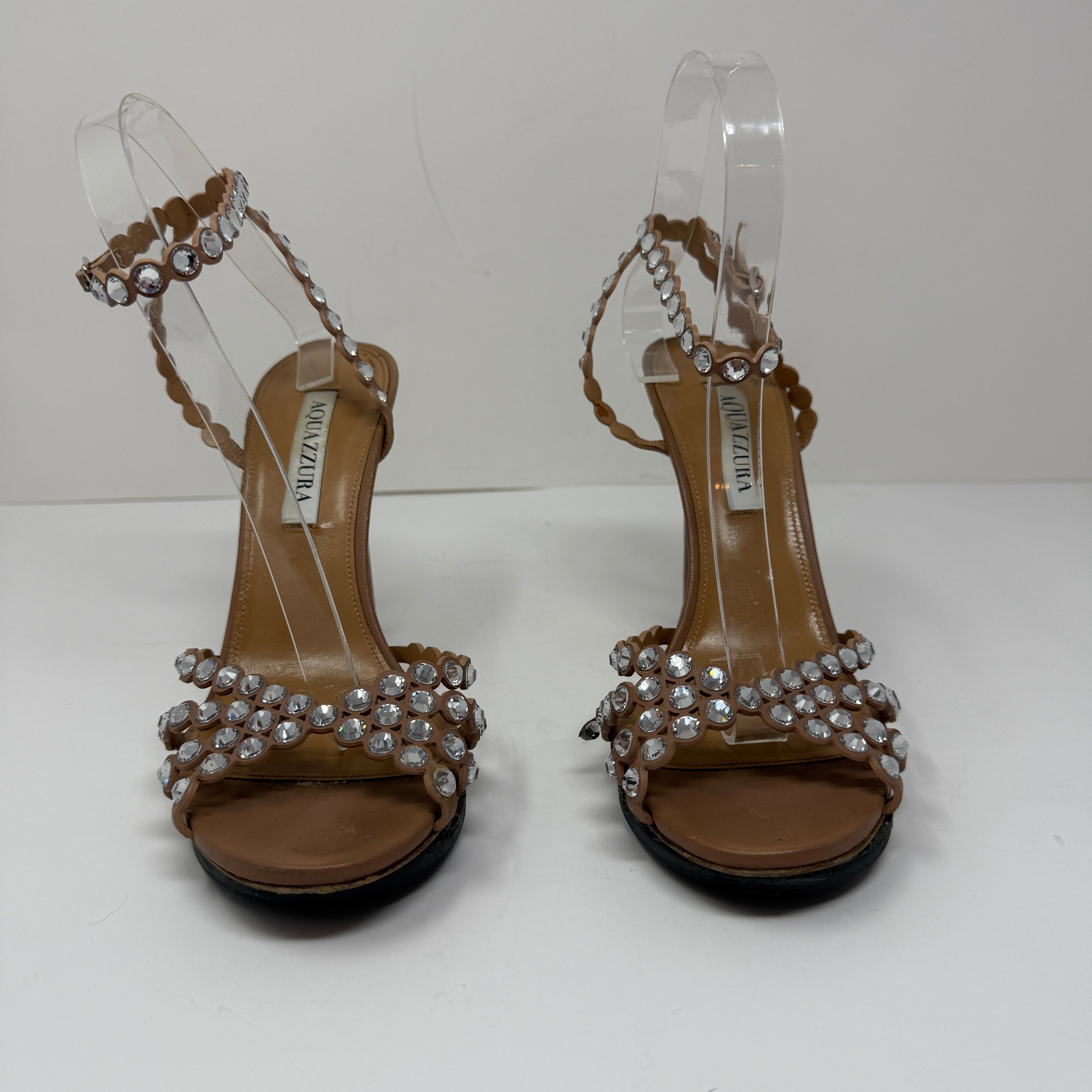 Aquazzura Tequila Crystal Jewel Rhinestone Embellished Leather Heels Sandals 9.5